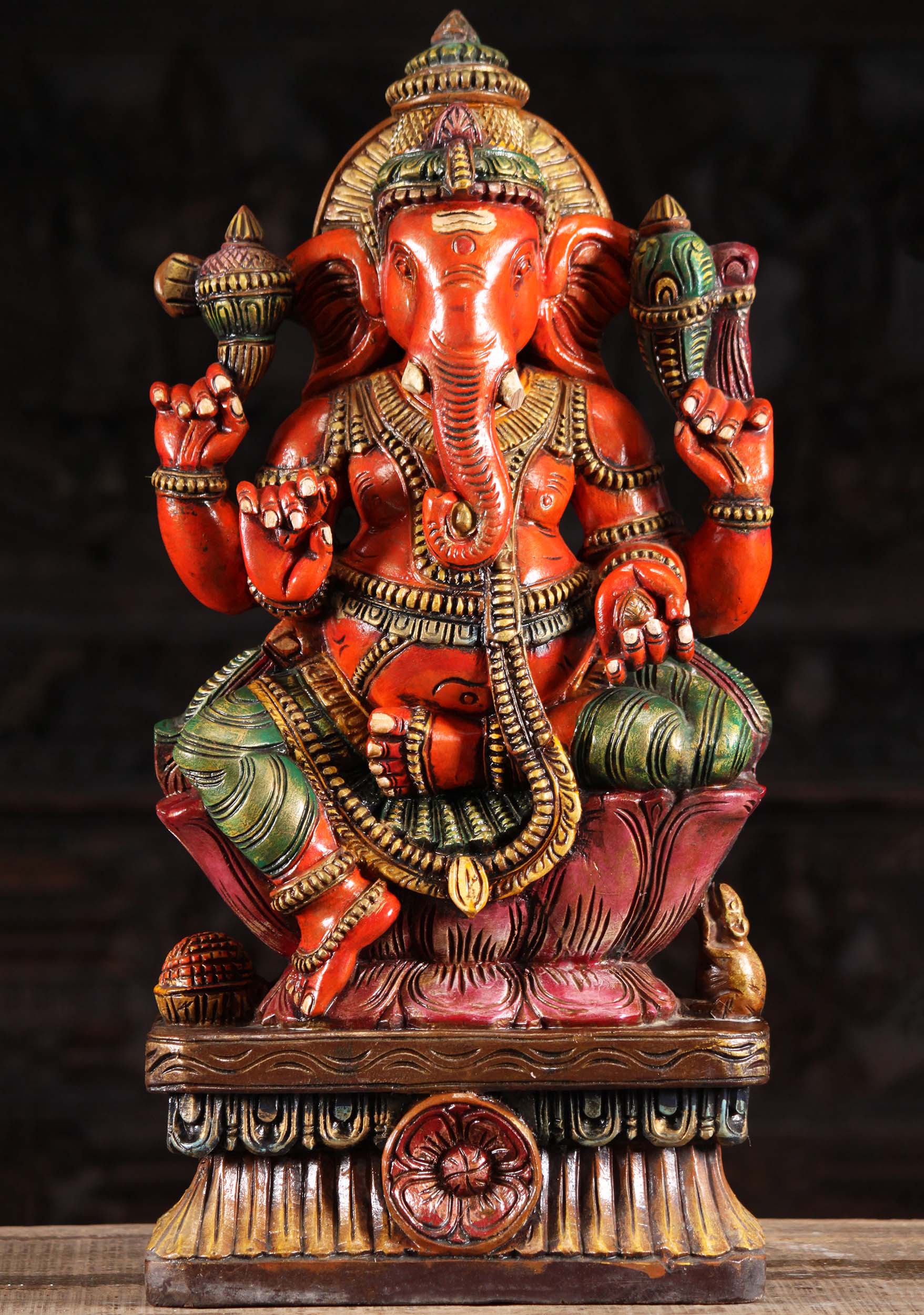 Wood Painted Ganesh Holding Modak 24"