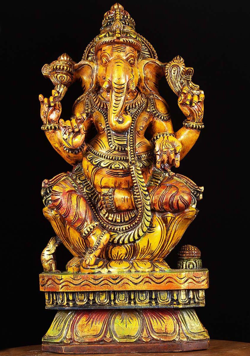 Wooden Painted Ganesh Sculpture 24"