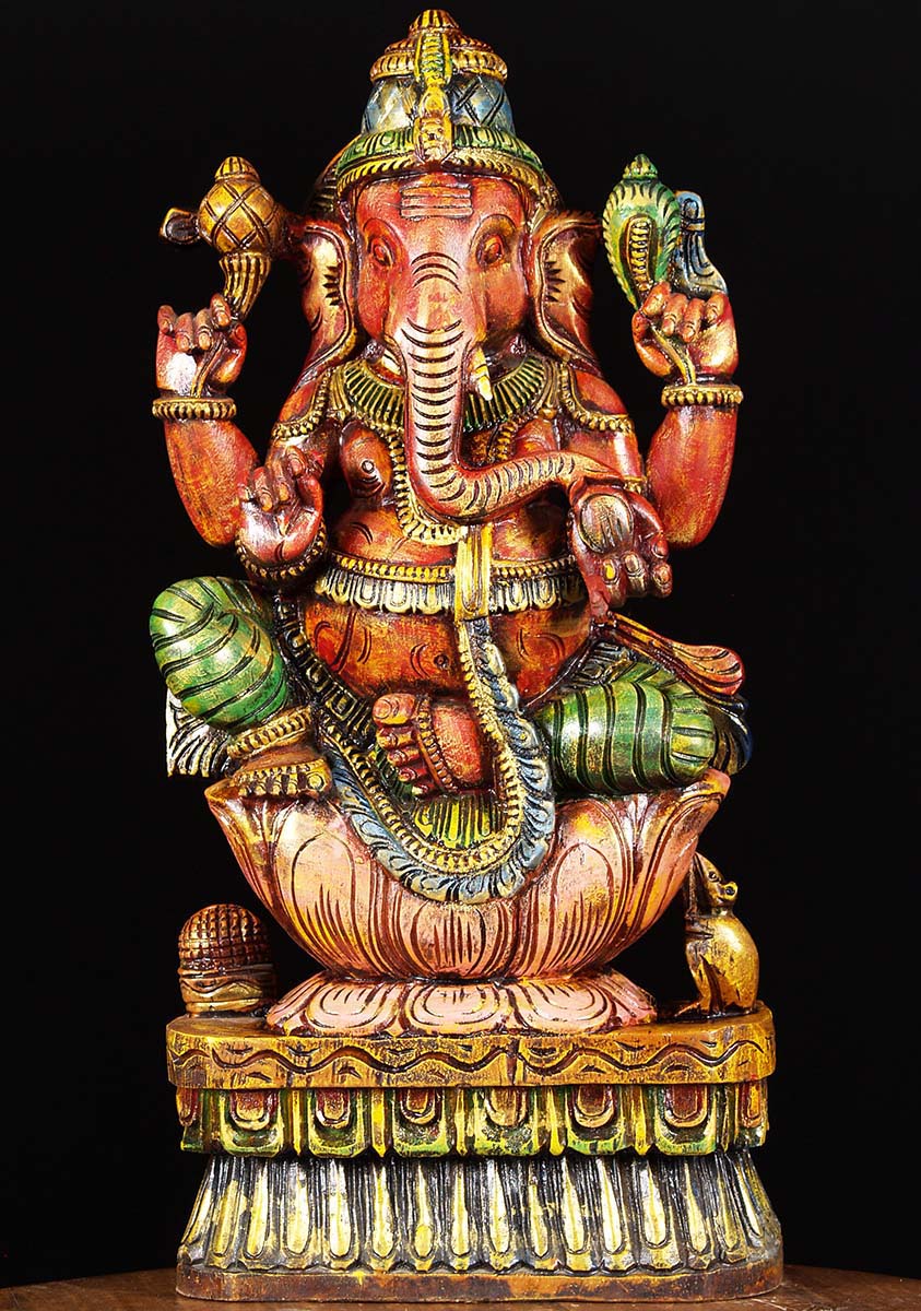 Wooden Painted Ganesh Statue 24"