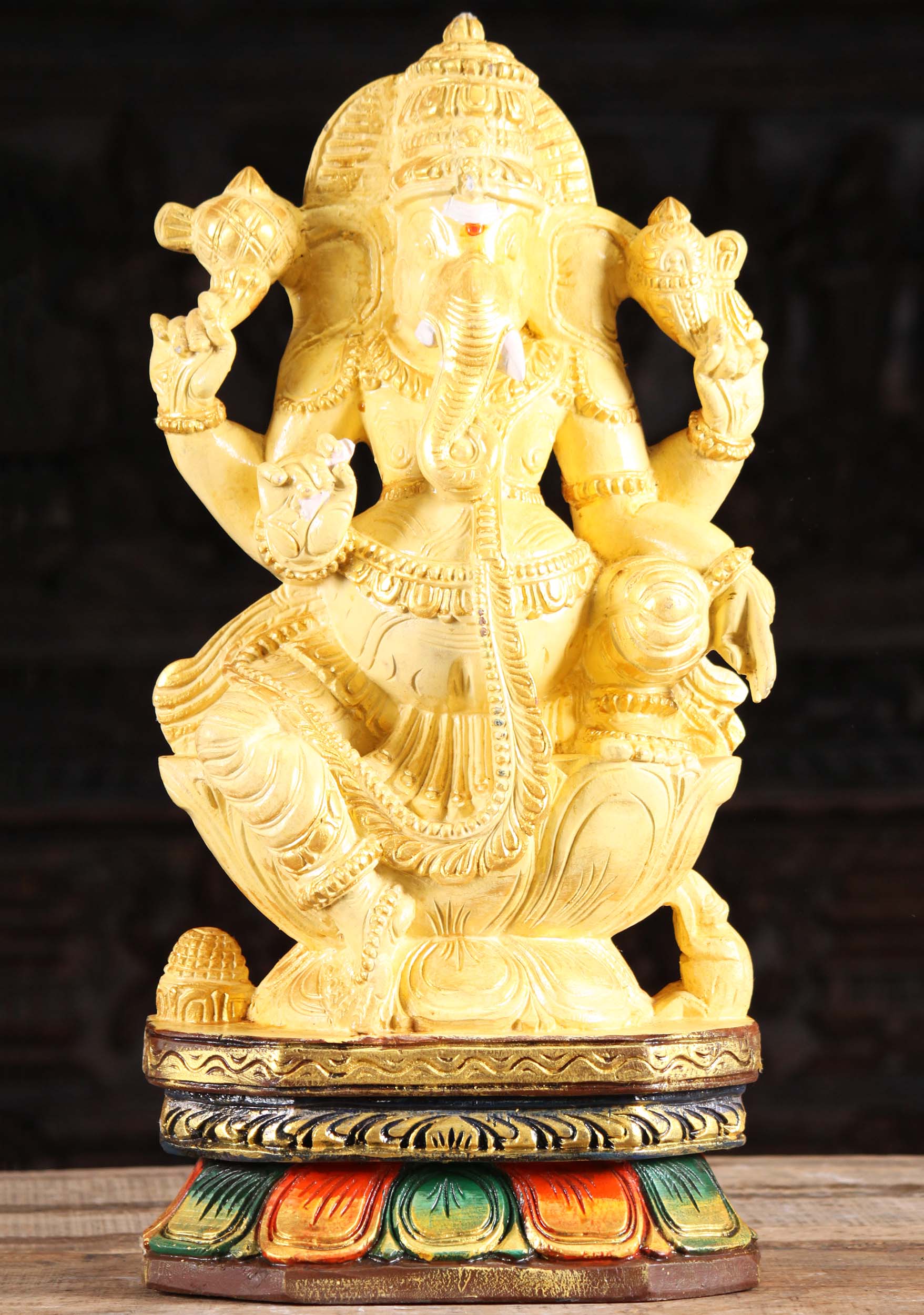 Wood Yellow Ganesha Statue with Mooshika 24"