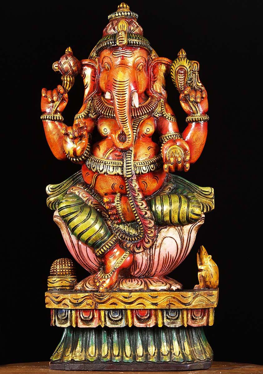 Wood Painted Ganesha Sculpture 24"