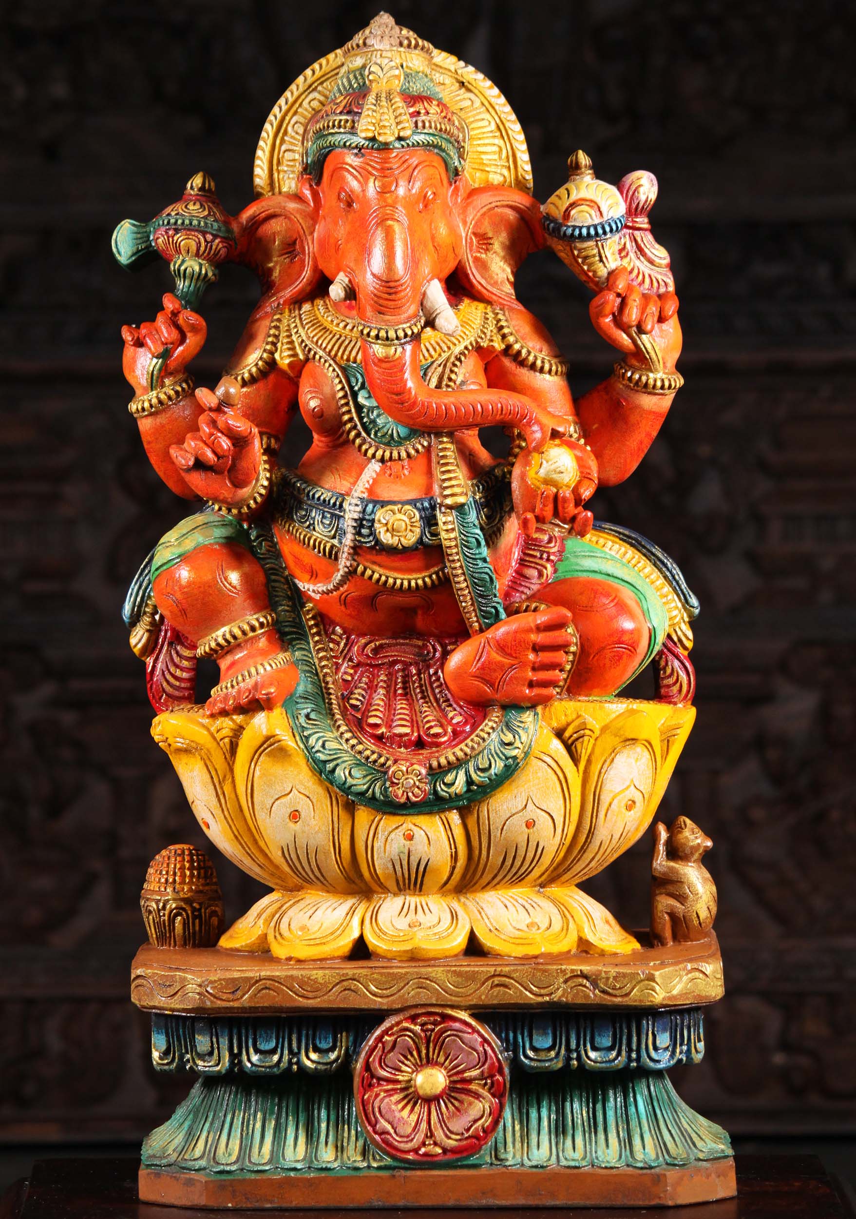 Sold Wood Ganesh Statue Seated On Lotus Base Holding Goad Noose