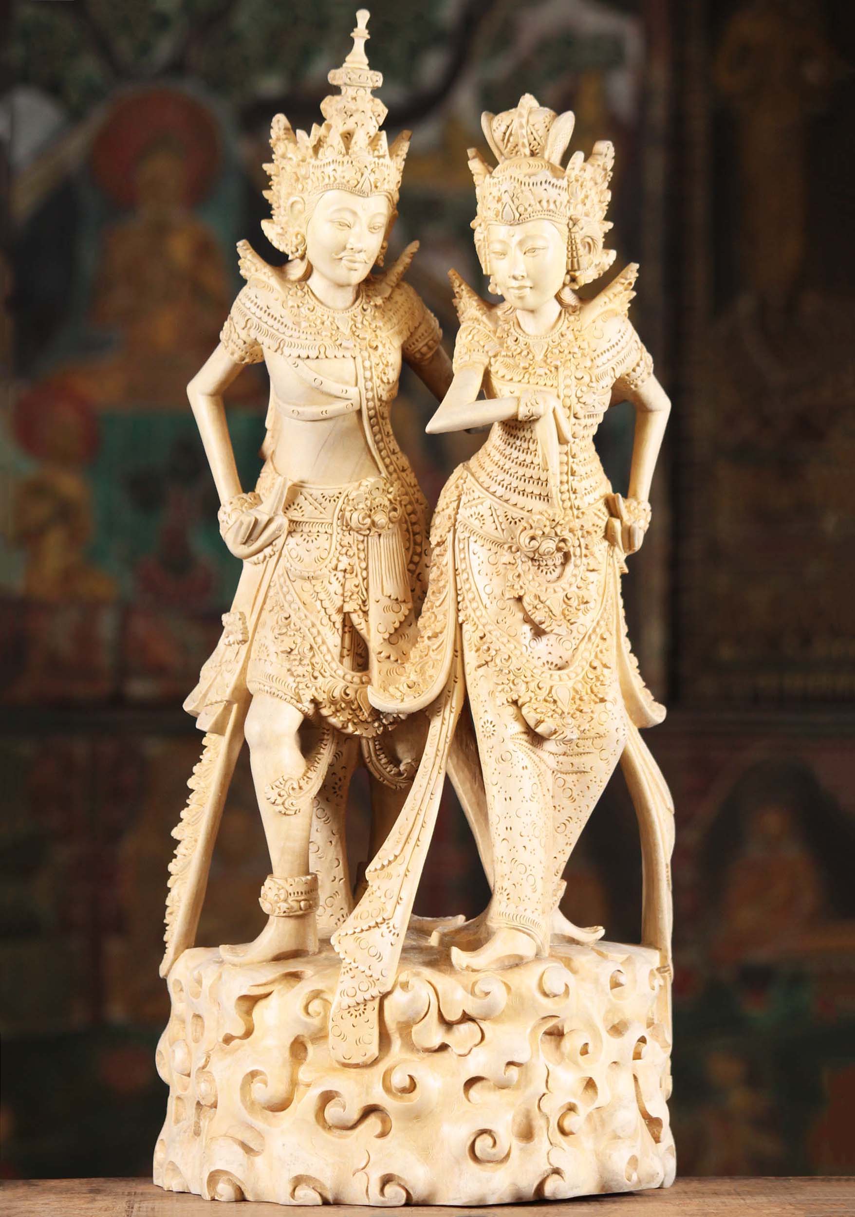 Rama & Sita Statue Hand Carved Wood with Beautiful Details from Hindu Epic, The Ramayana 22"