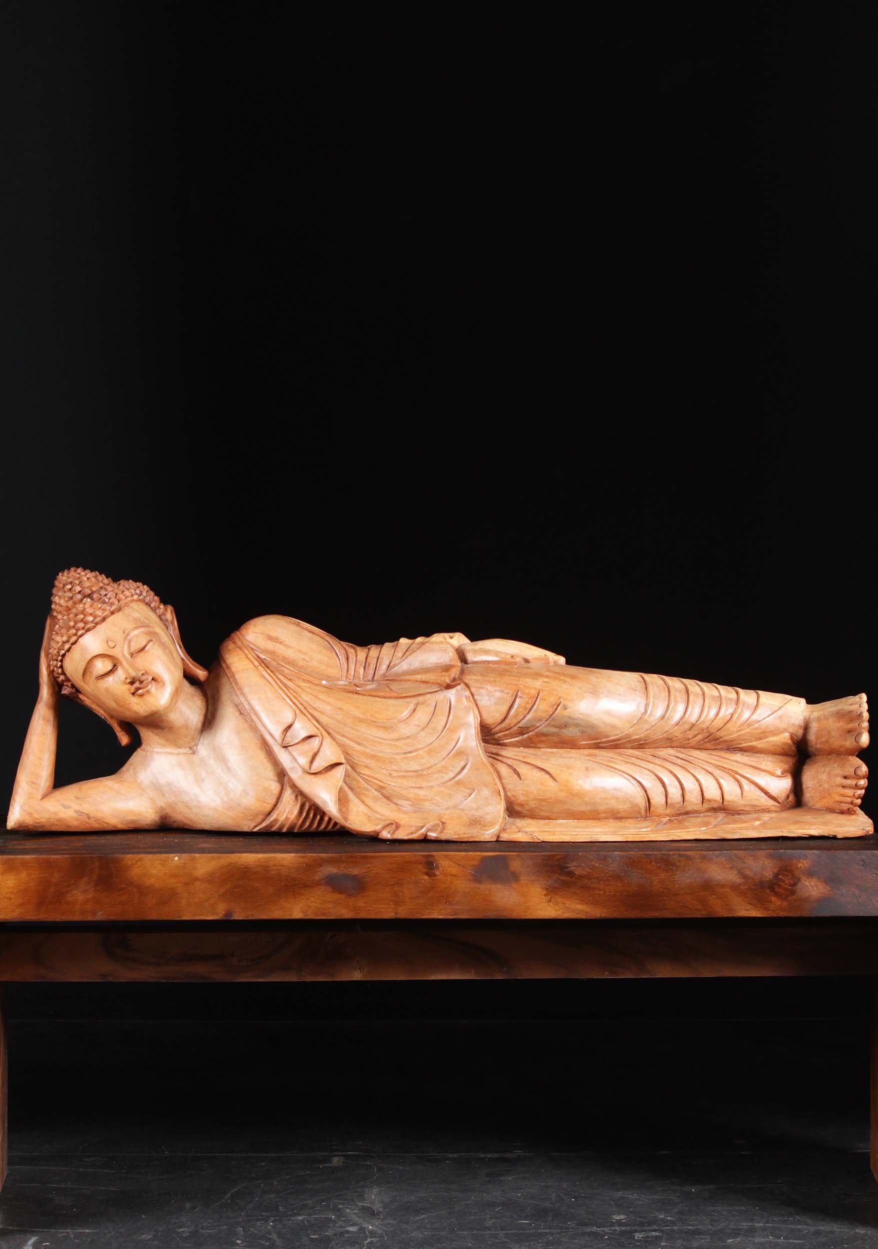 Wood Reclining Buddha Sculpture 39"