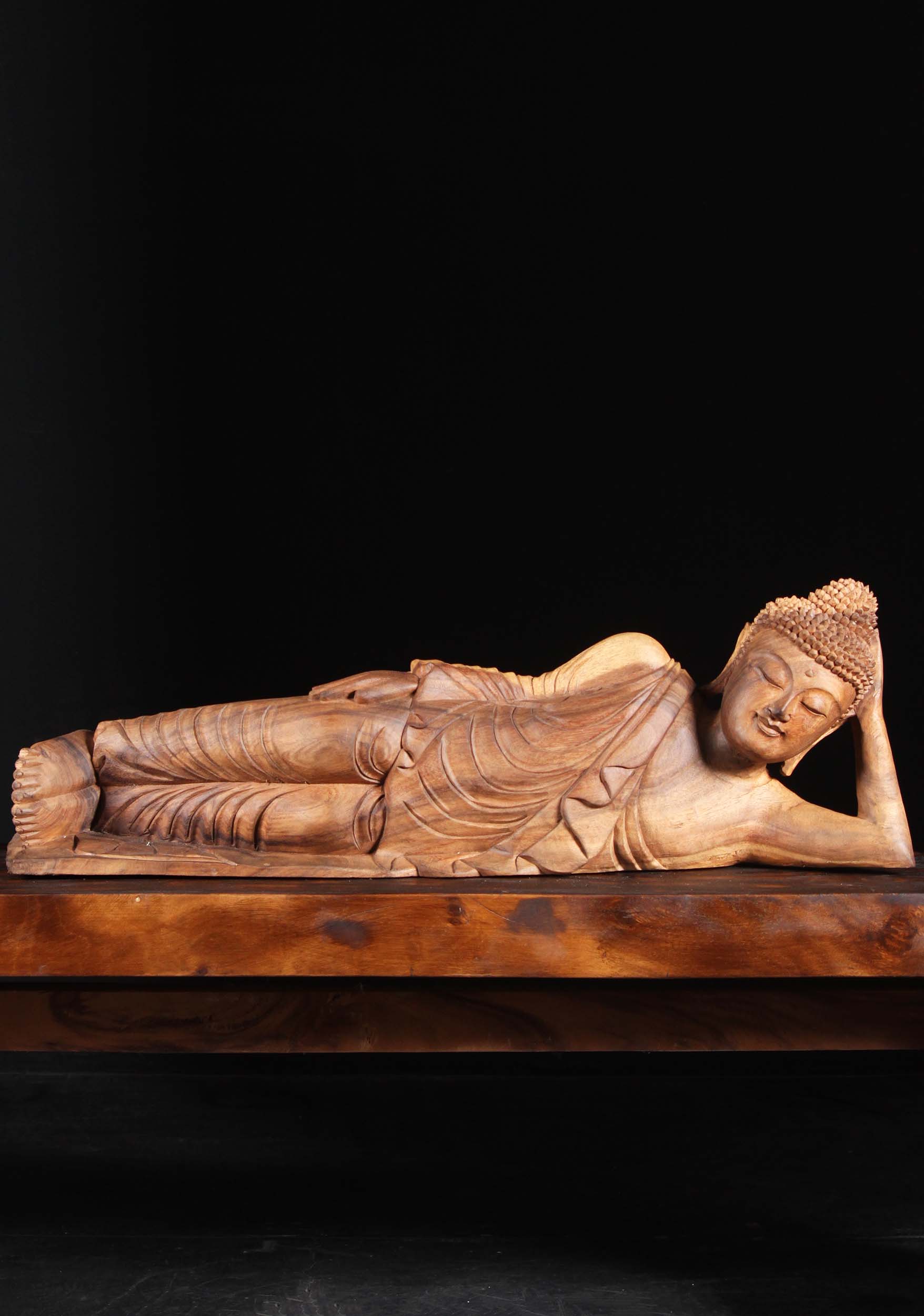 Wood Reclining Buddha Statue 33"