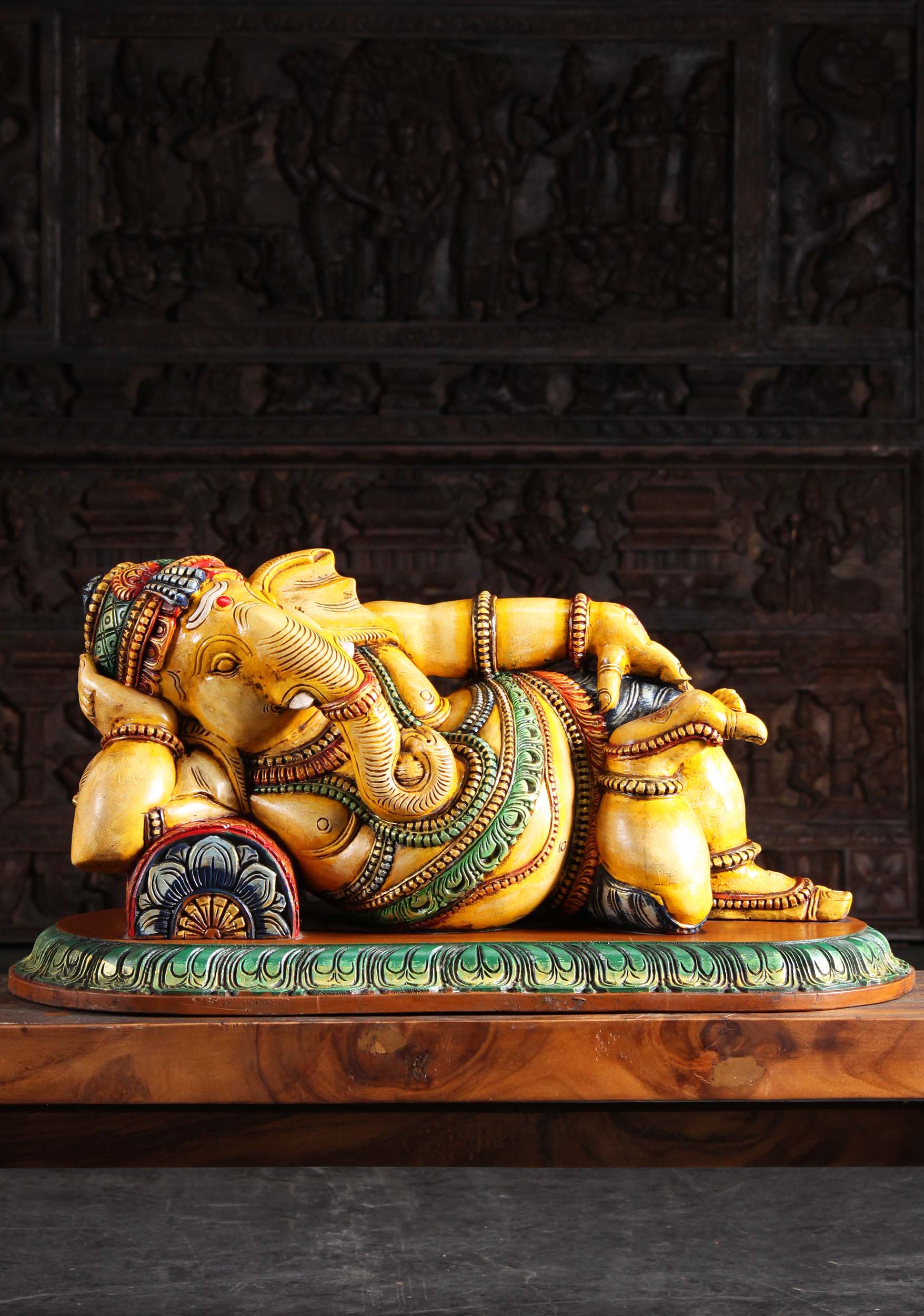 Wooden Yellow Ganesh Statue in a Completely Relaxed Pose Reclining on a Pillow 35"