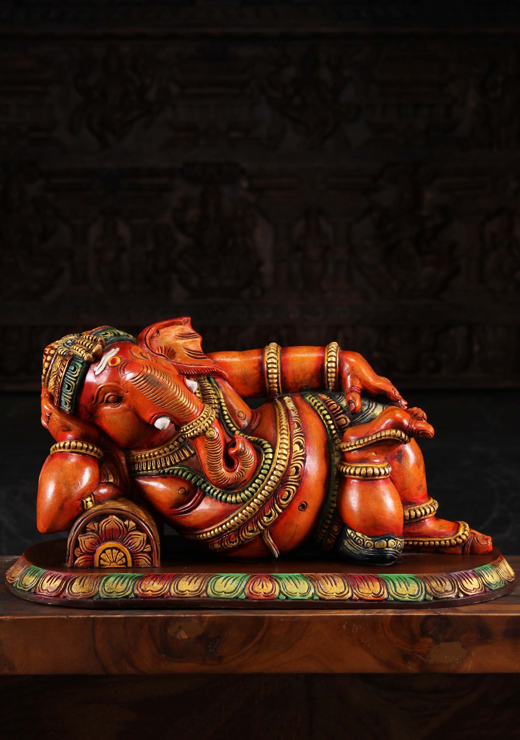 Wood Reclining Ganesha Statue 35"