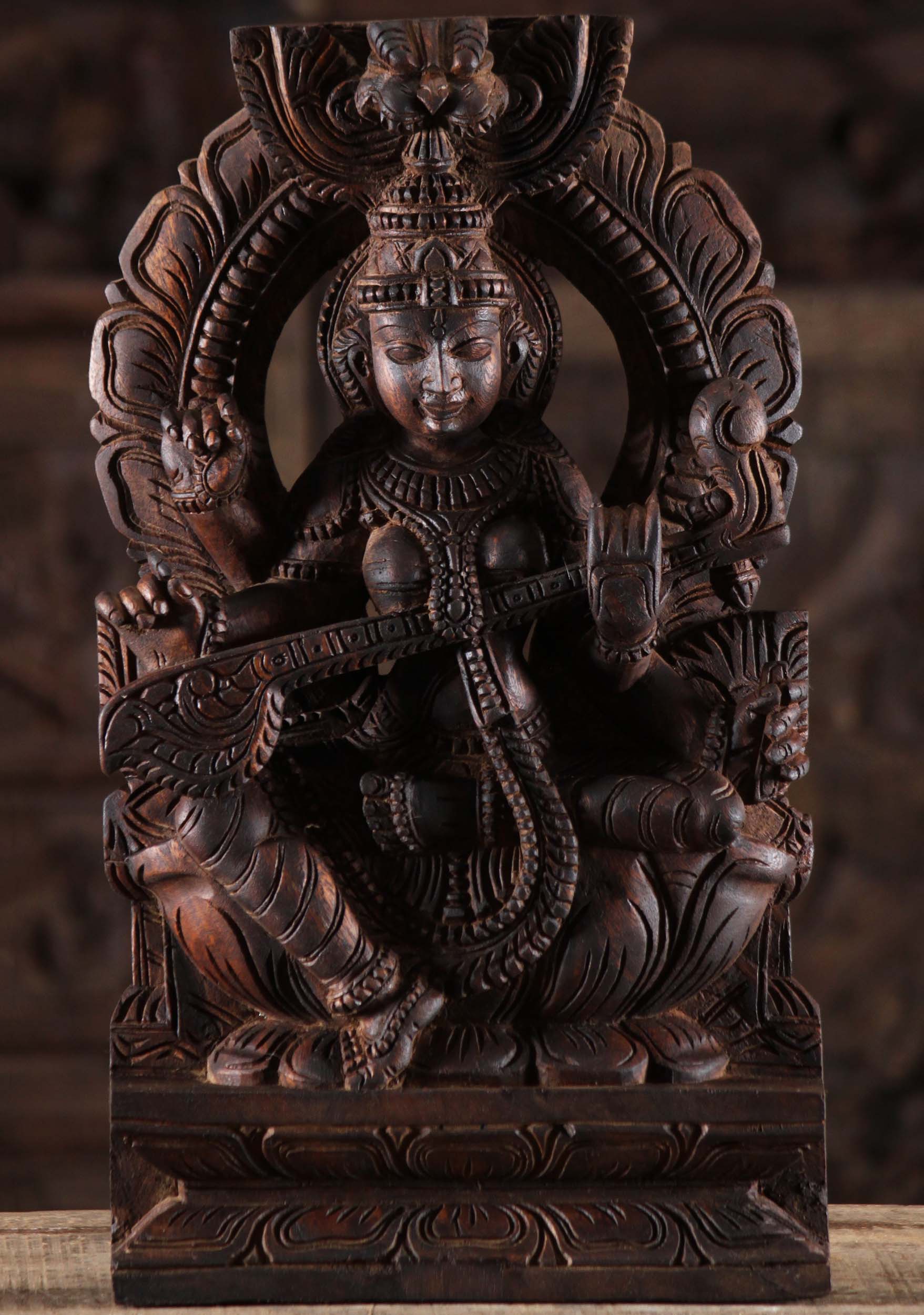 Wood Saraswati Playing Veena with Arch 18"