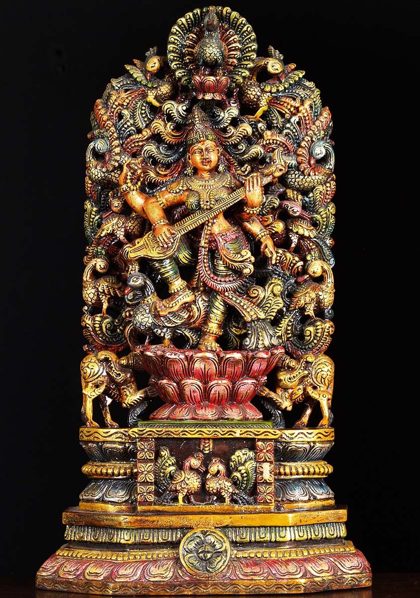 Wood Saraswati Carving 27"