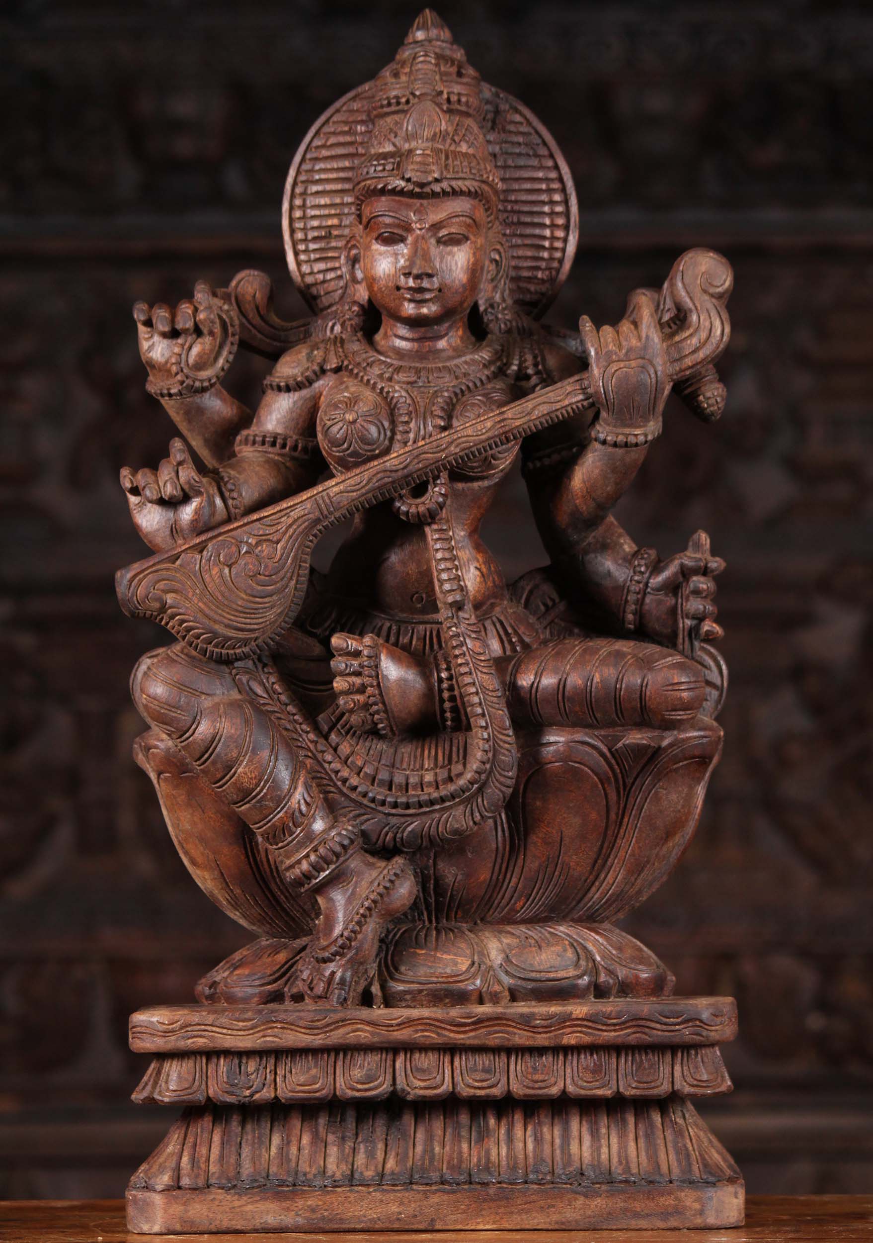 Wood Saraswati Playing Veena Carving 24"