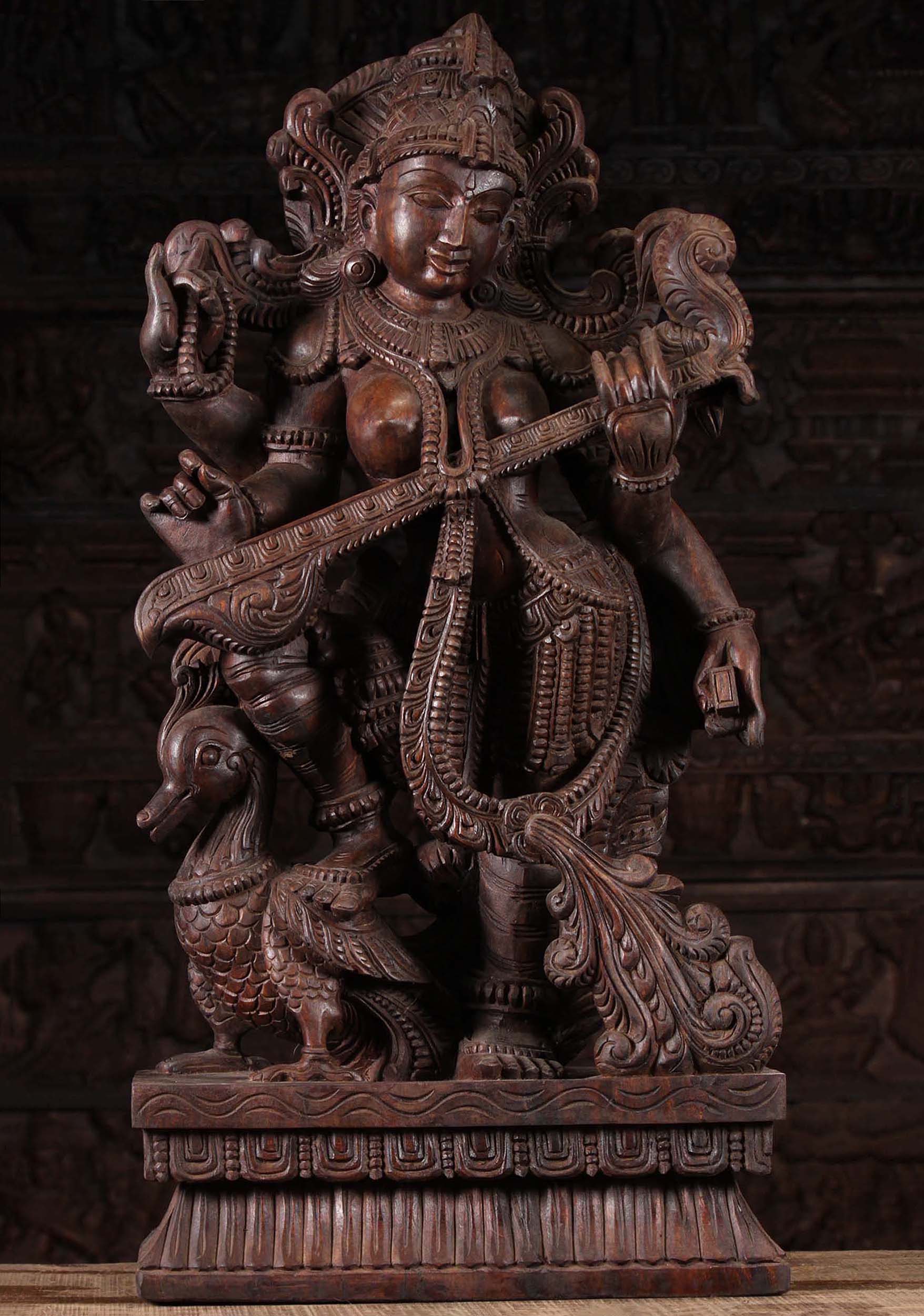 Wood Saraswati with Veena & Swan Statue 36"