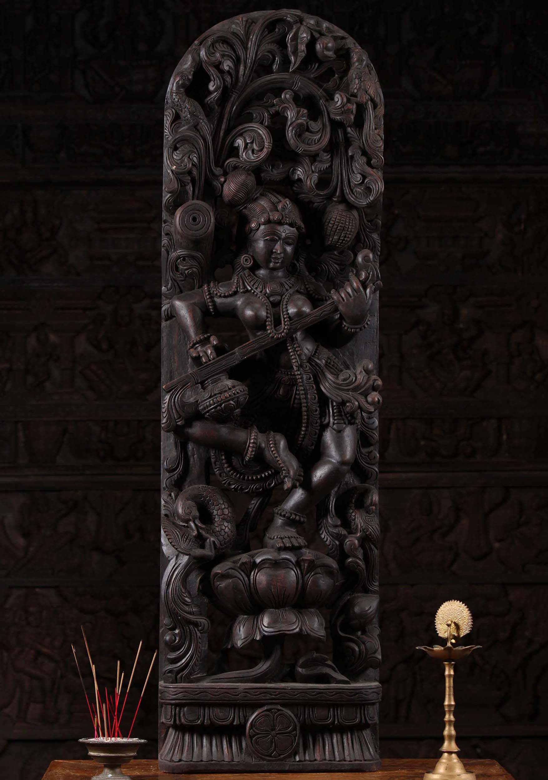 Wood Dancing Saraswati Beneath Canopy 48"