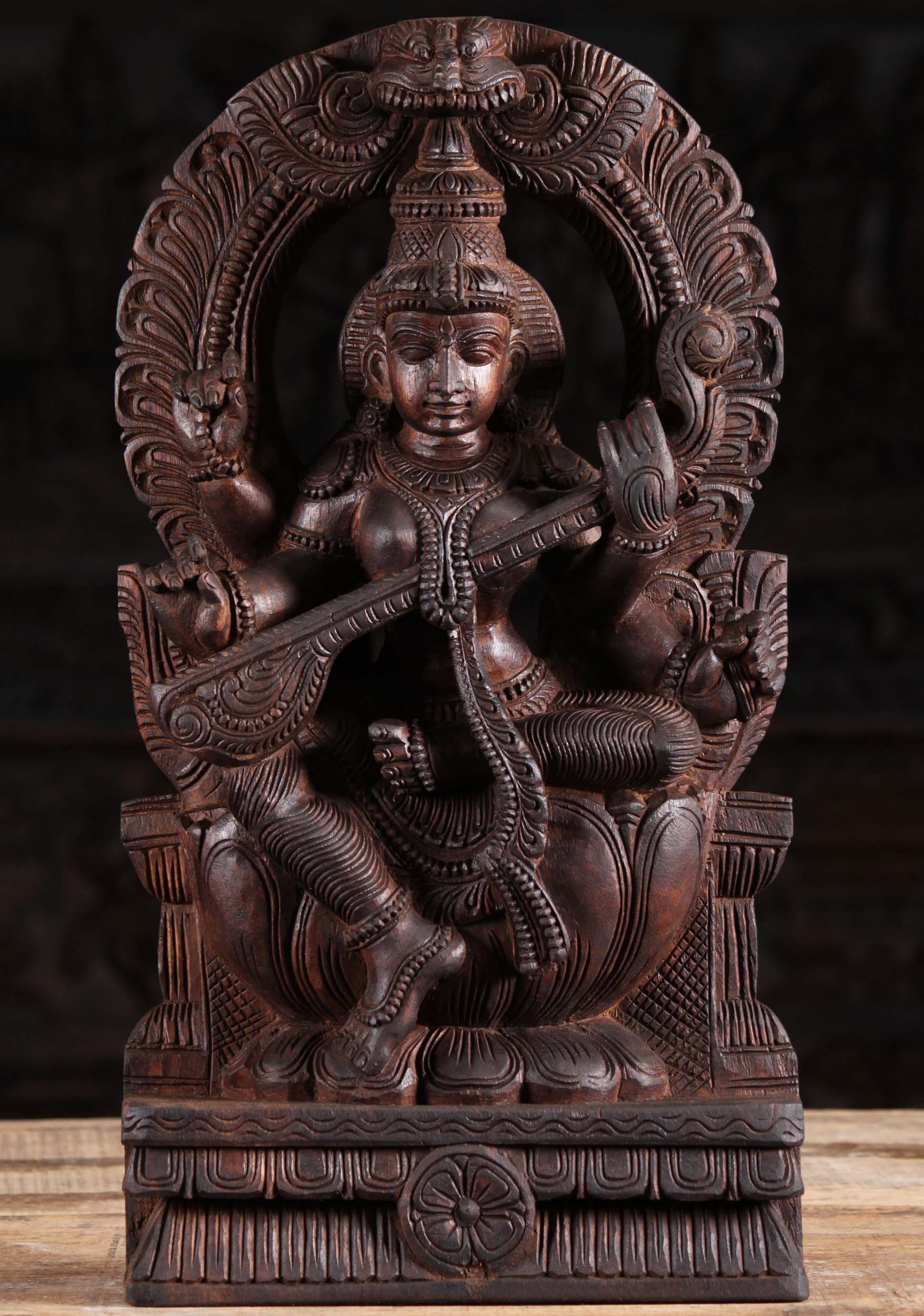 Wood Saraswati Playing the Veena with Arch 24"