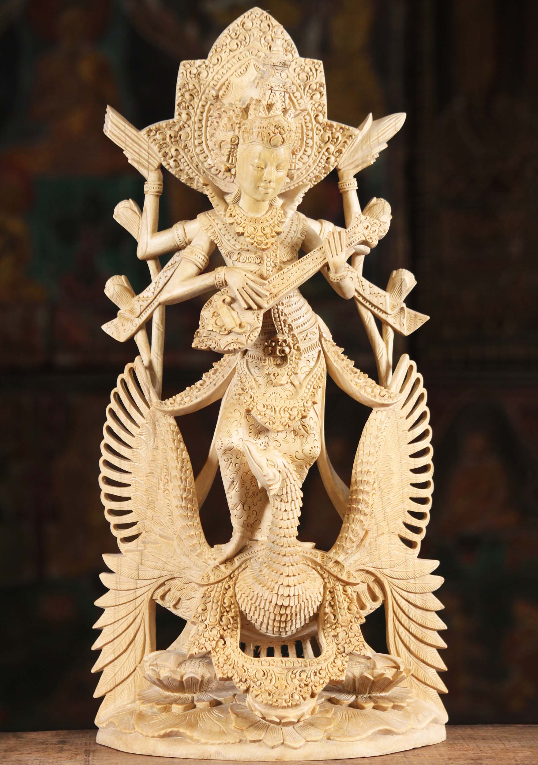 Wood Saraswati Statue on Swan Playing Veena Hand Carved with Ornate Details in Bali 20"