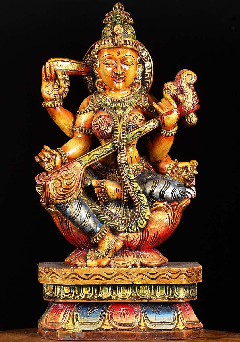 Wood Saraswati With Veena 24"