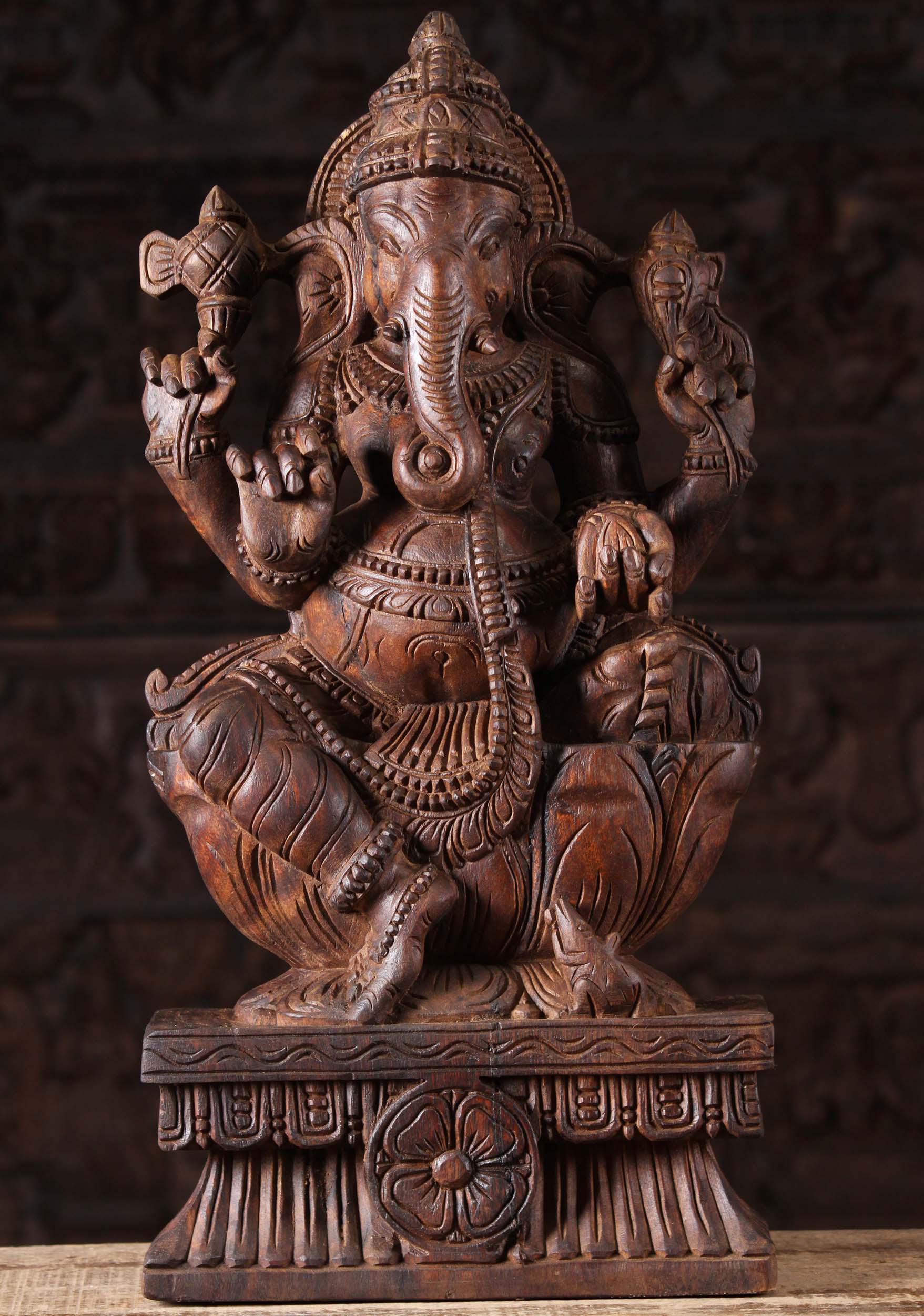 Wood Ganesha Seated on Double Lotus Base 24"