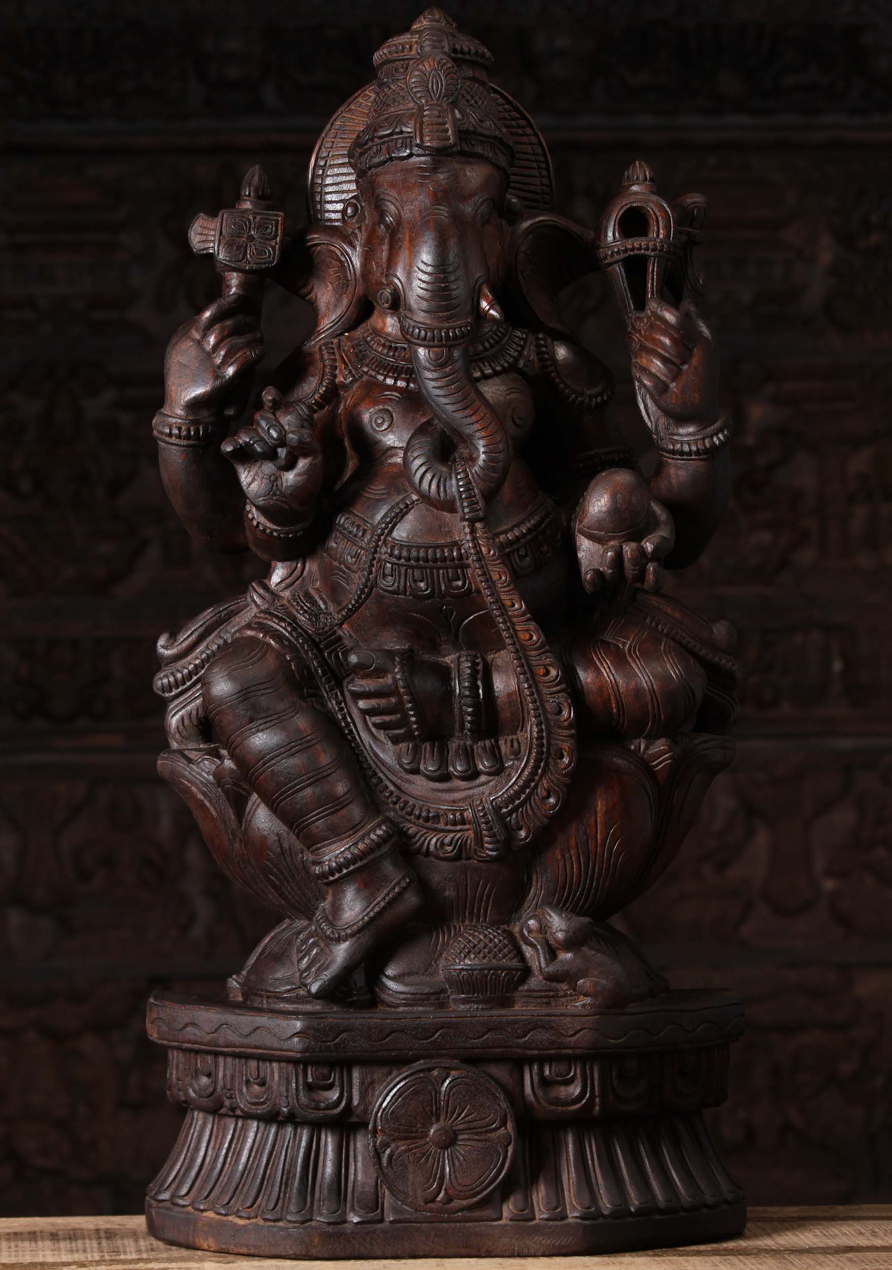 Dark Wood Seated Ganesh Statue with Noose 30"