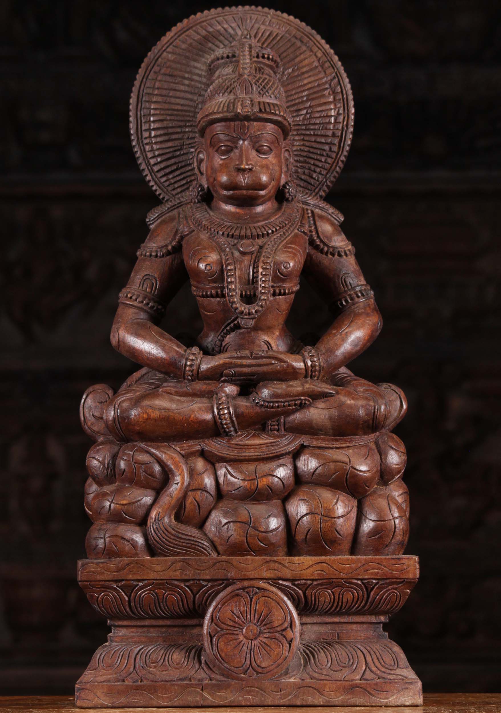 Wood Meditating Hanuman with Siraschakra 24"