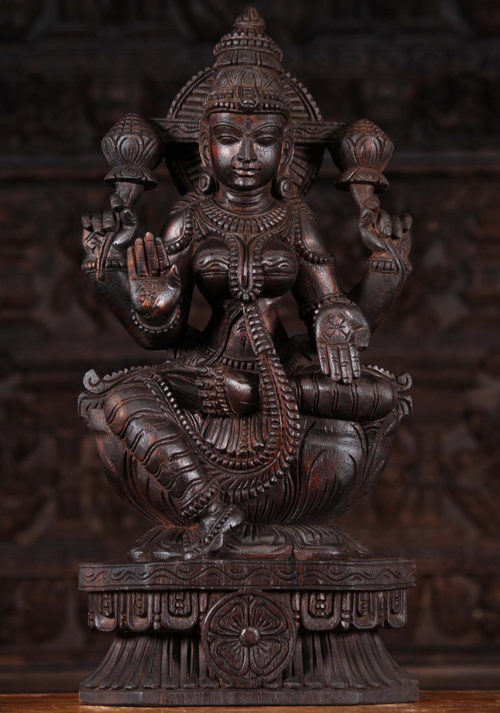 Dark Wood Seated Lotus Lakshmi Statue 24"