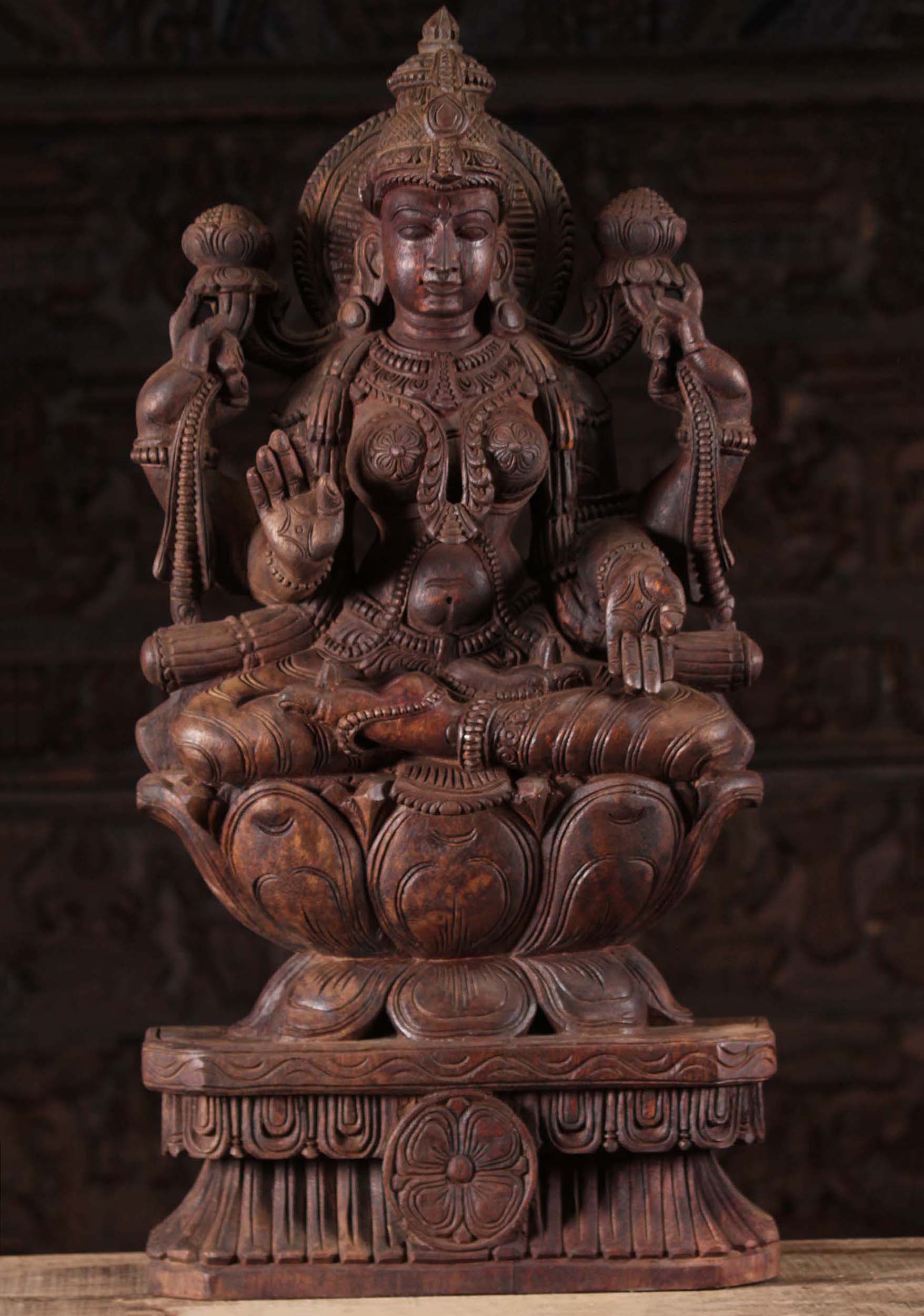 Wood Seated Lakshmi Sculpture 30"