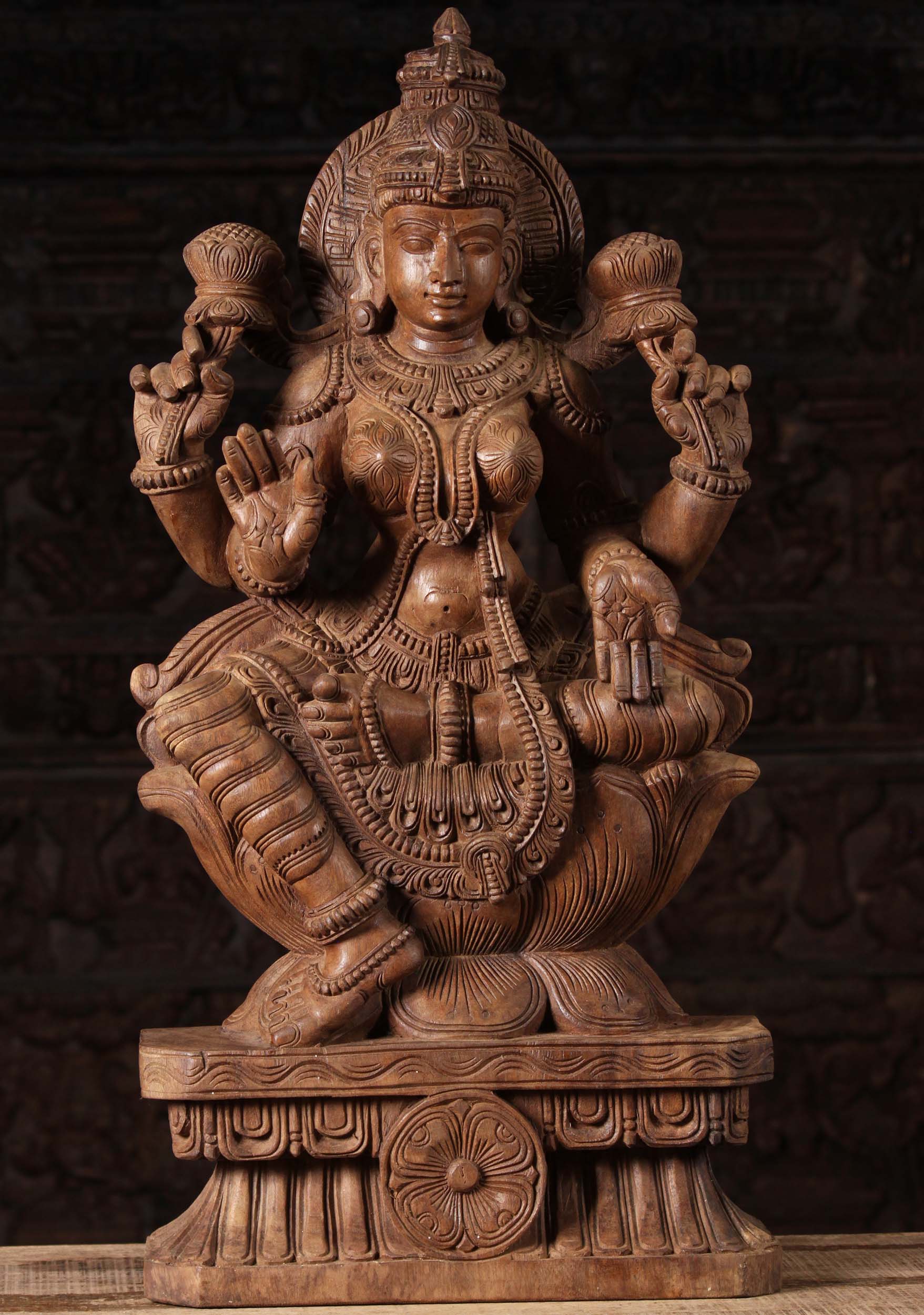 Wood Lakshmi Holding 2 Lotus Flowers 30"