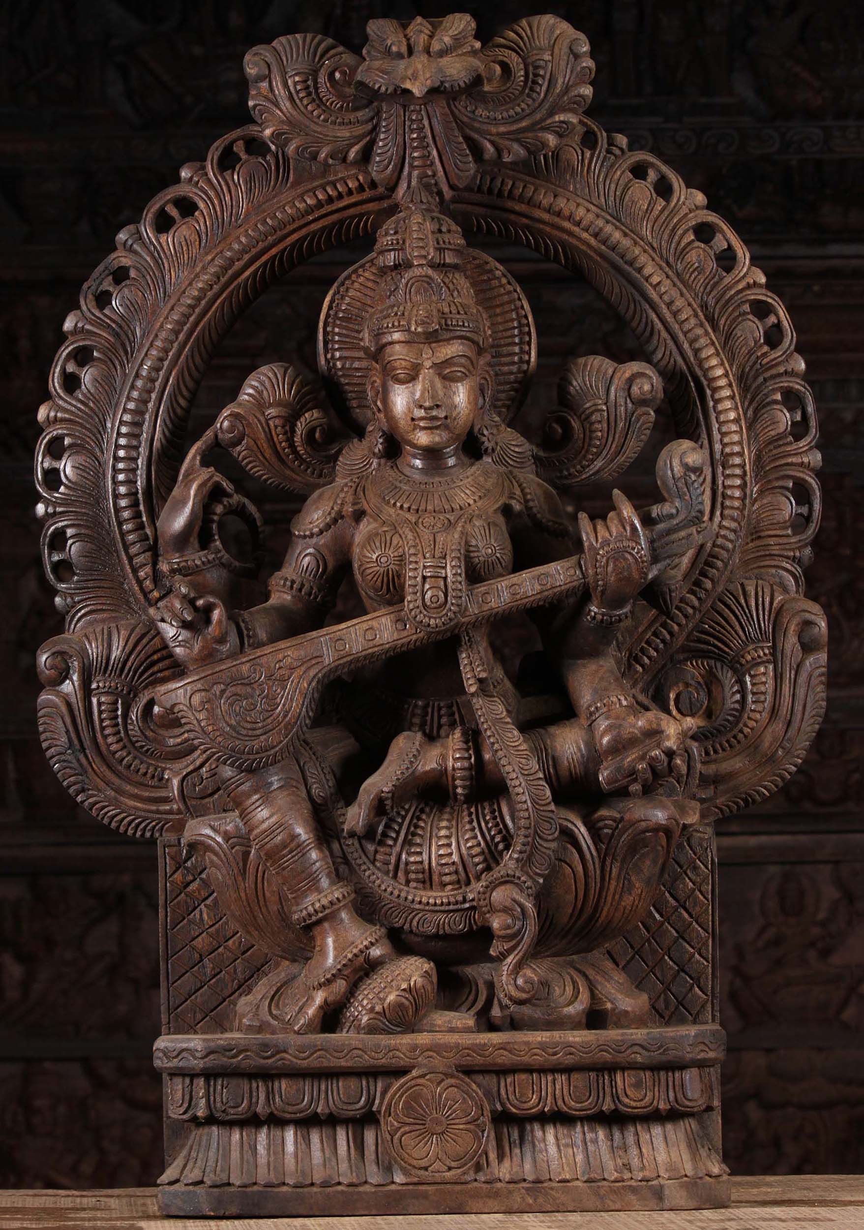 Hand Carved Wood Seated Hindu Goddess of Wisdom  Saraswati Statue with Large Arch 36"