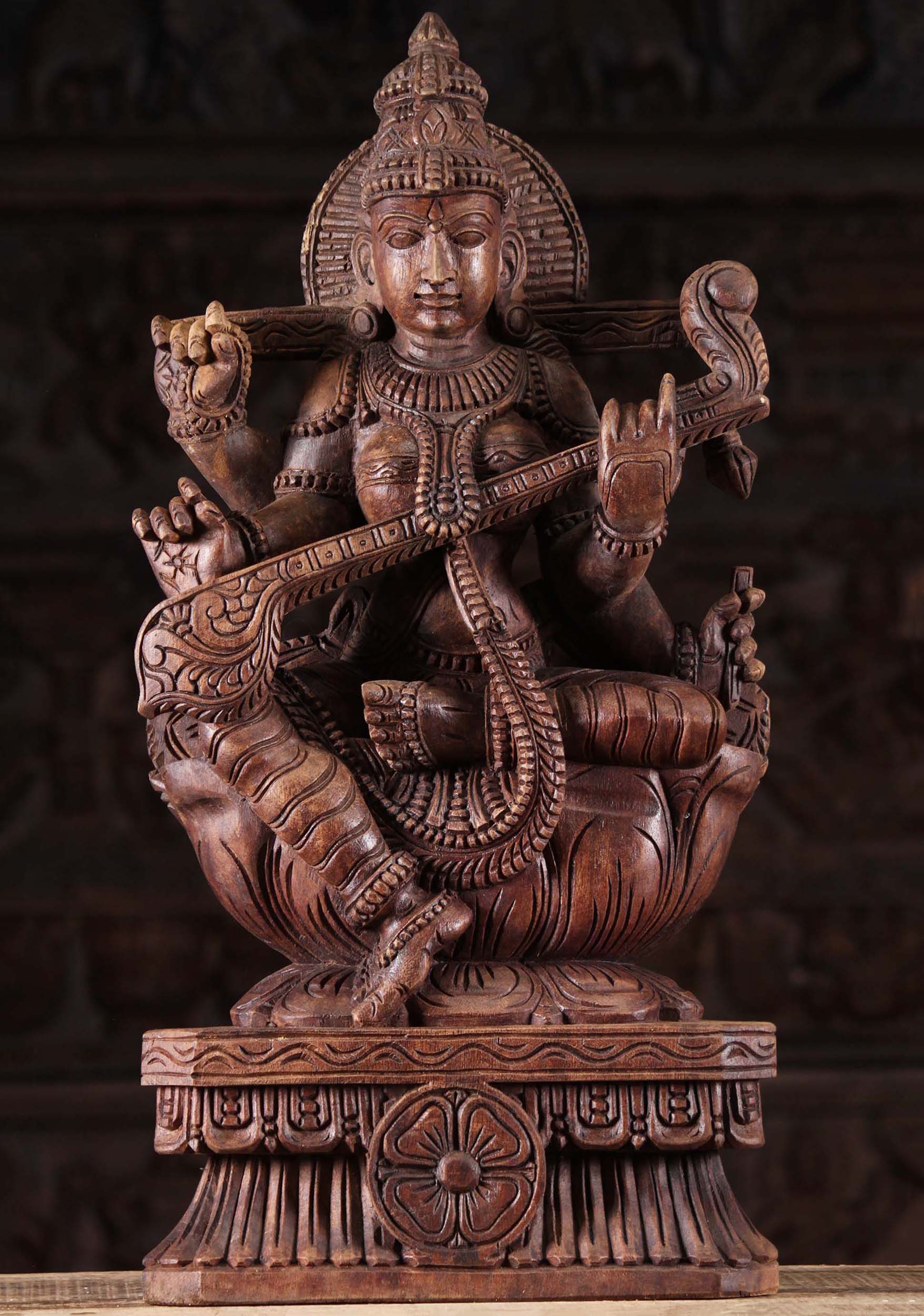 Wooden Seated Saraswati Playing Veena 24"