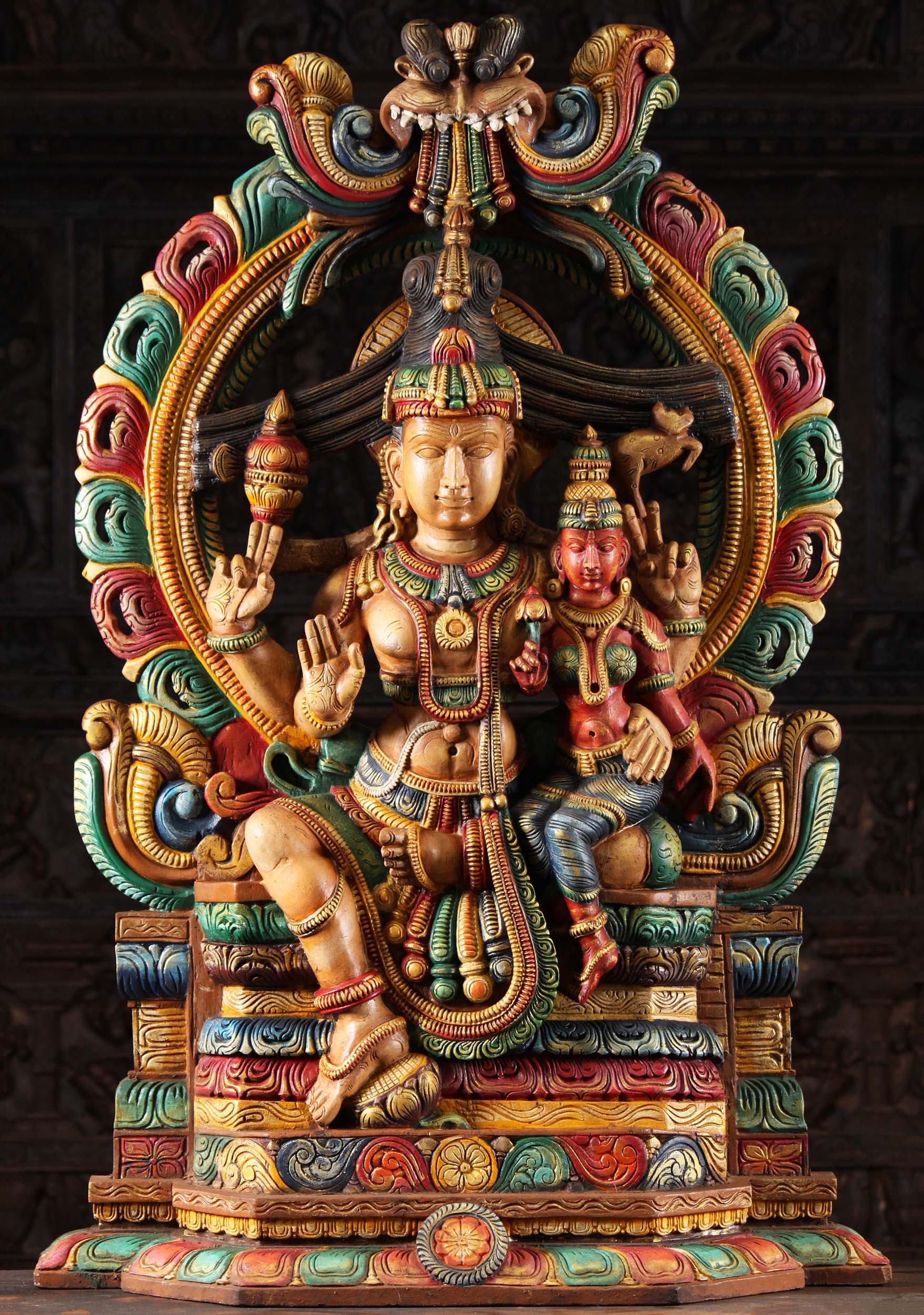 Wood Seated Shiva & Parvati Statue Under Arch 46"