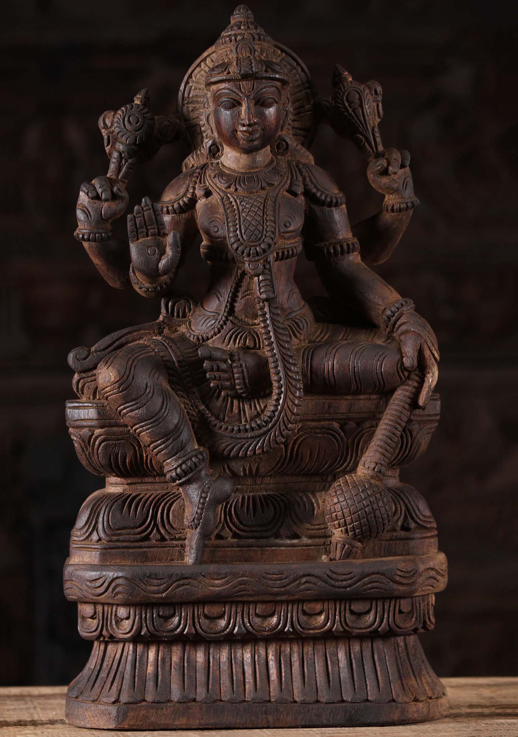 Wood Seated Vishnu Abhaya Mudra Statue 18"