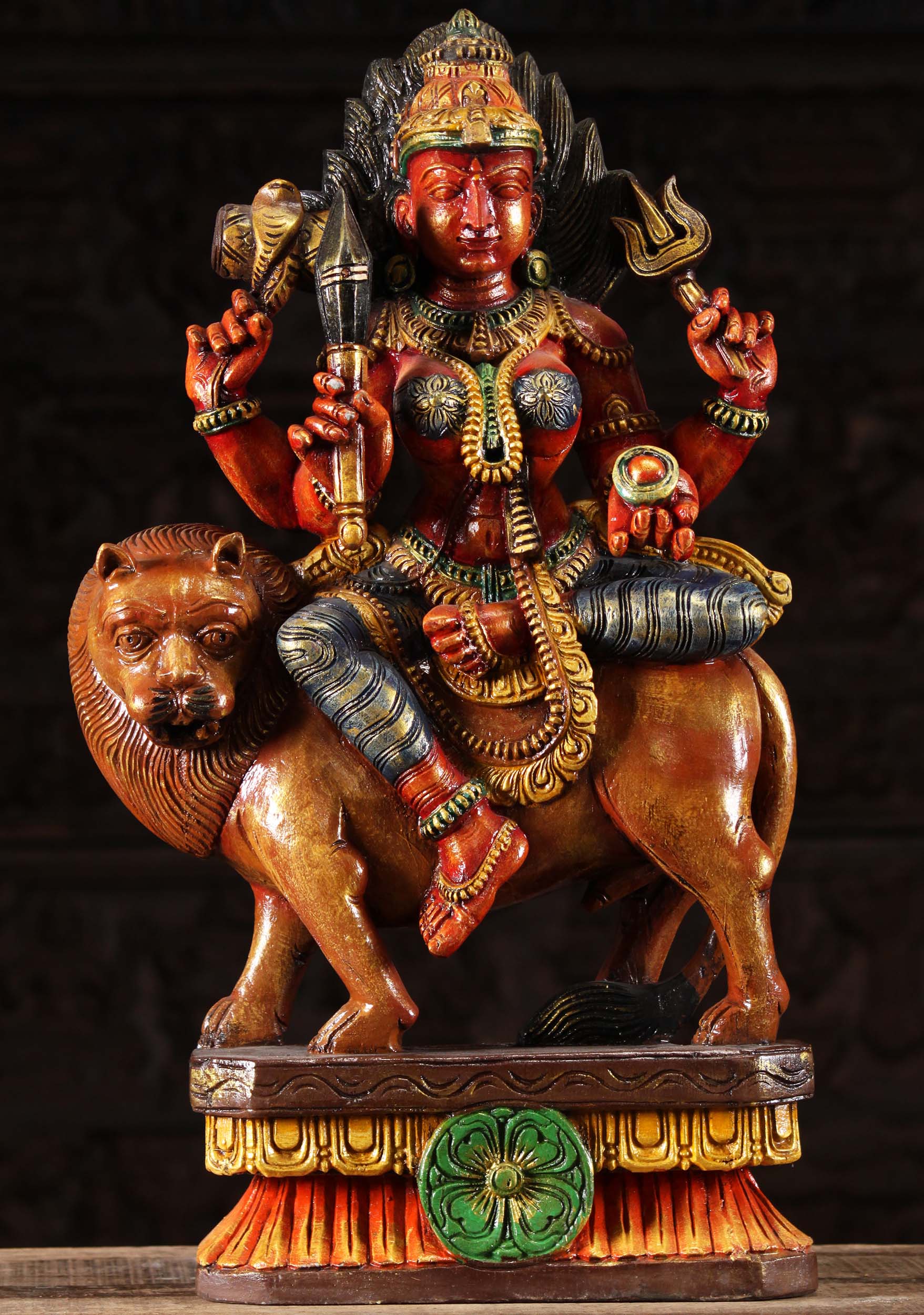 Wood Shakti Mariamman Seated on Lion 24"