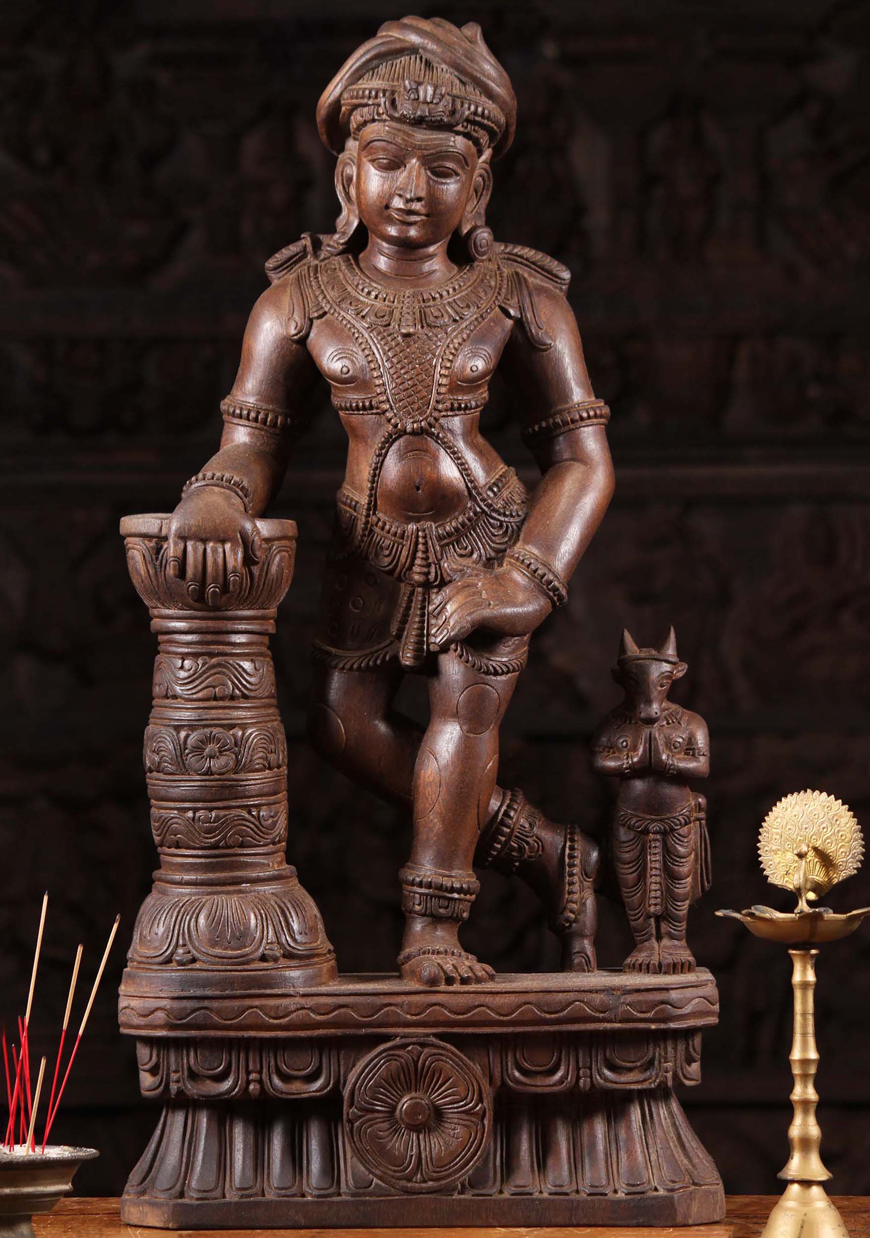 Wood Shiva Wearing Turban with Nandikeshwara 30"