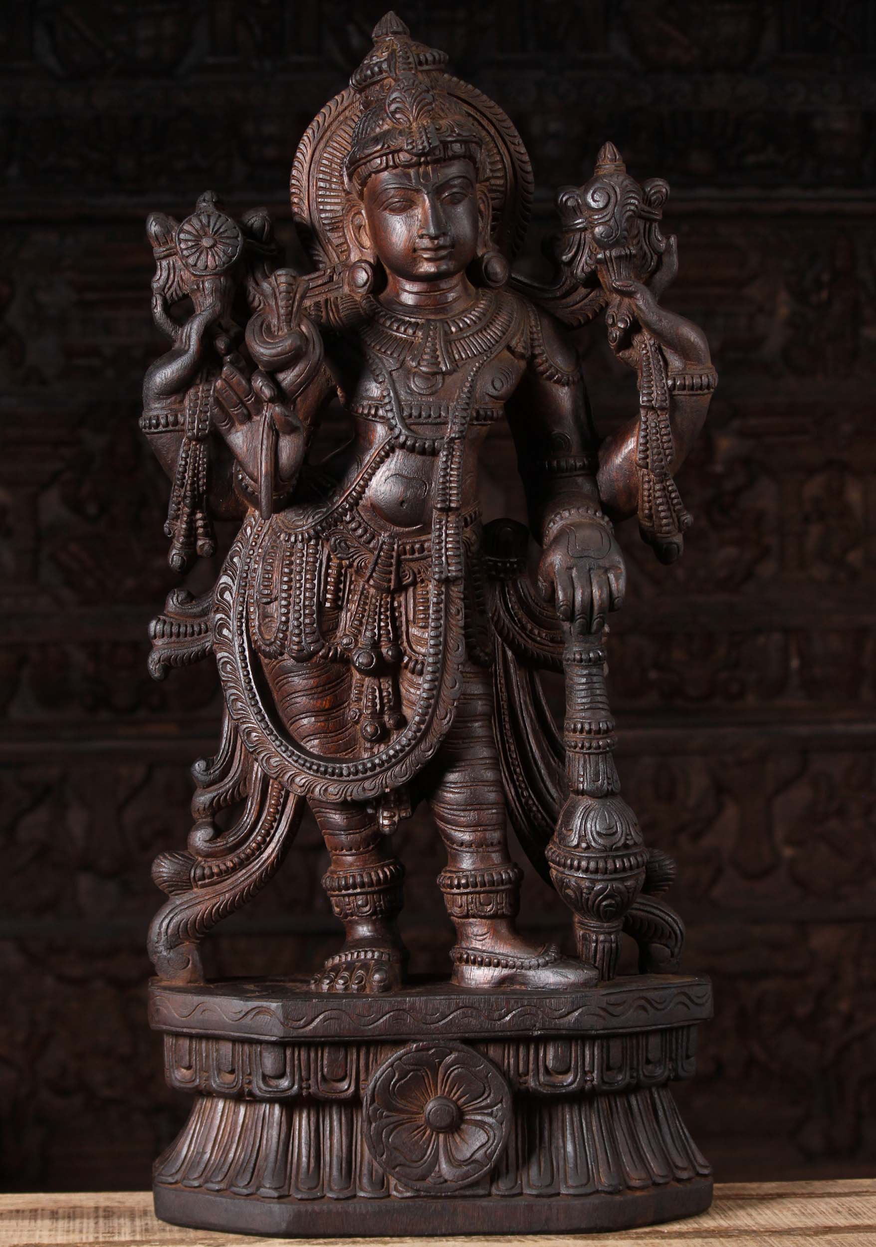 Wood Standing Vishnu Statue Holding Club 30"