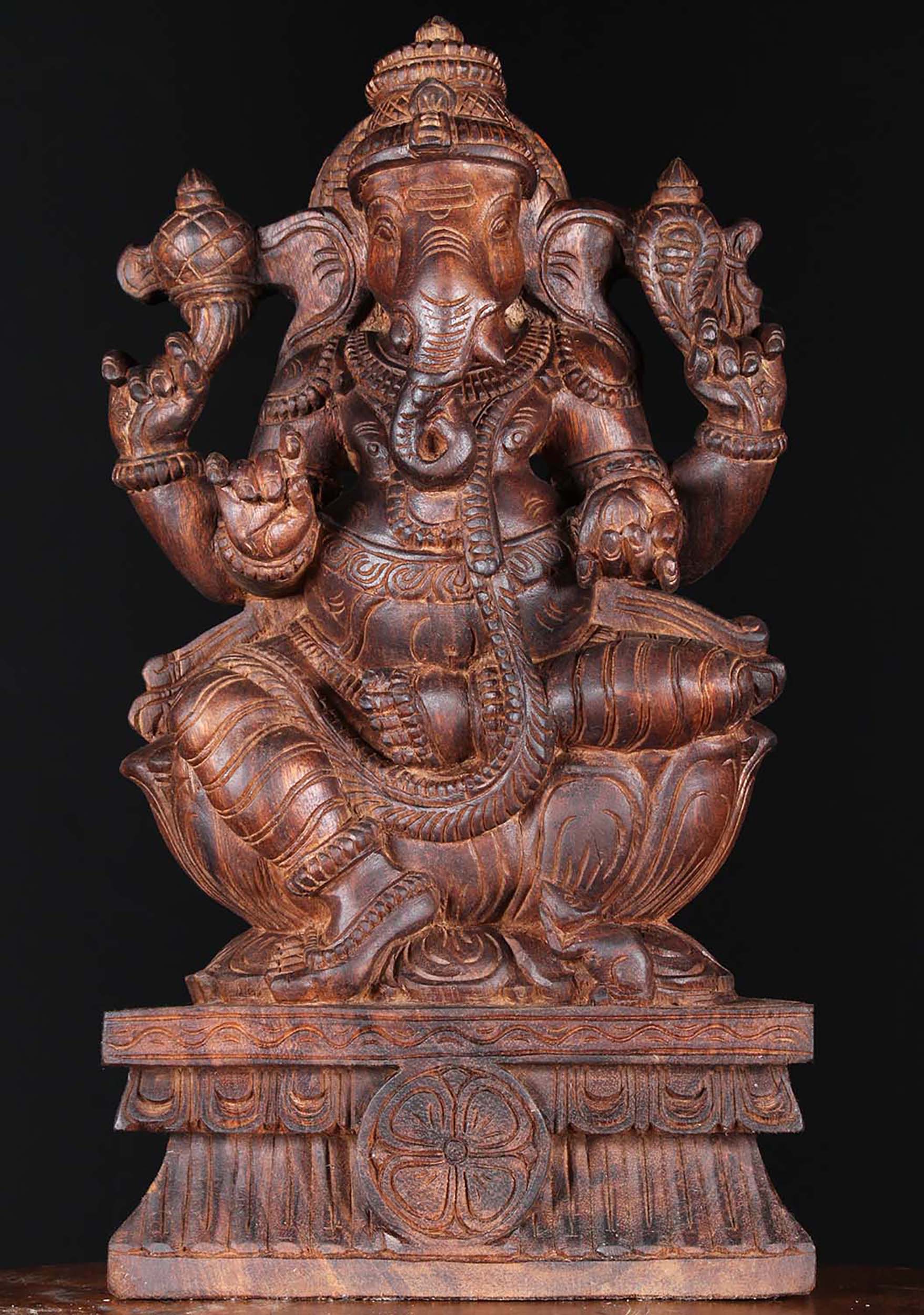 Wood Seated Ganapathi Statue 18"