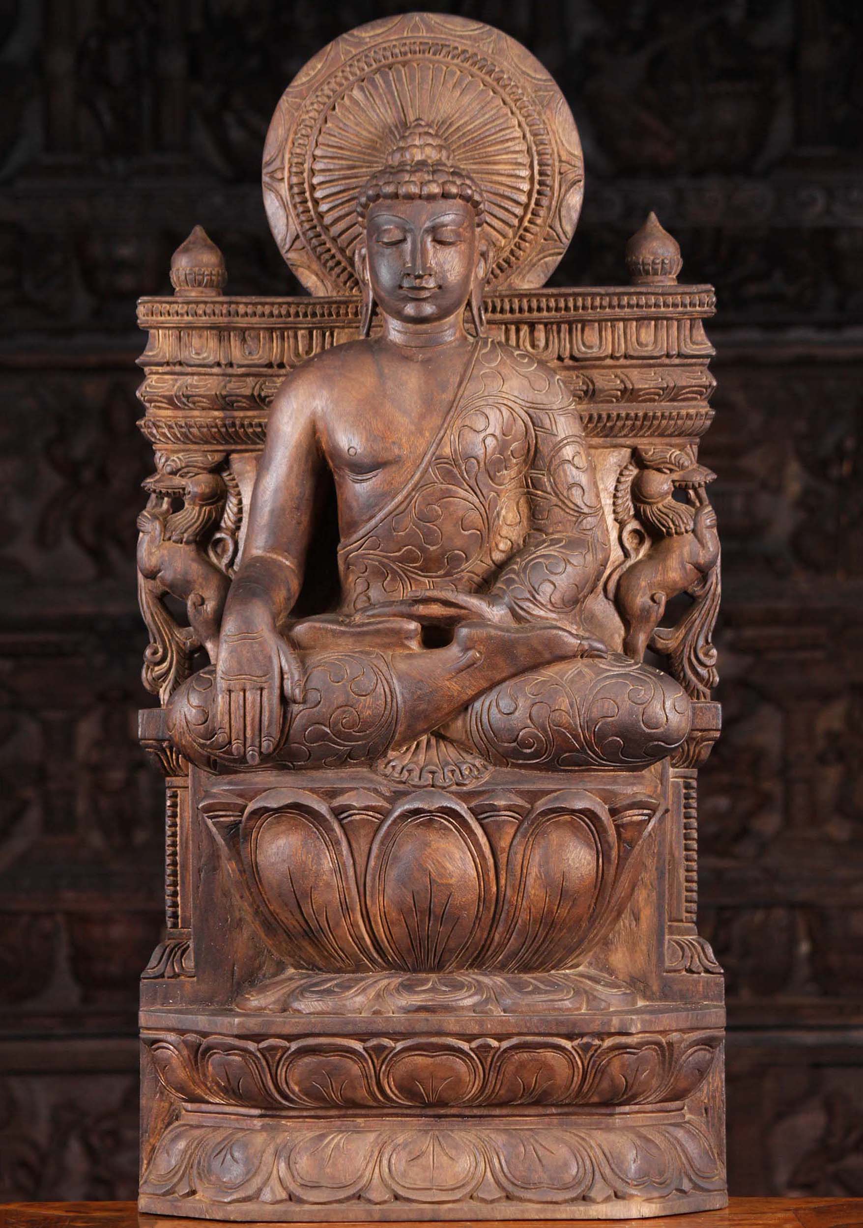 Wood Bhumisparsha Mudra Buddha Statue 36"