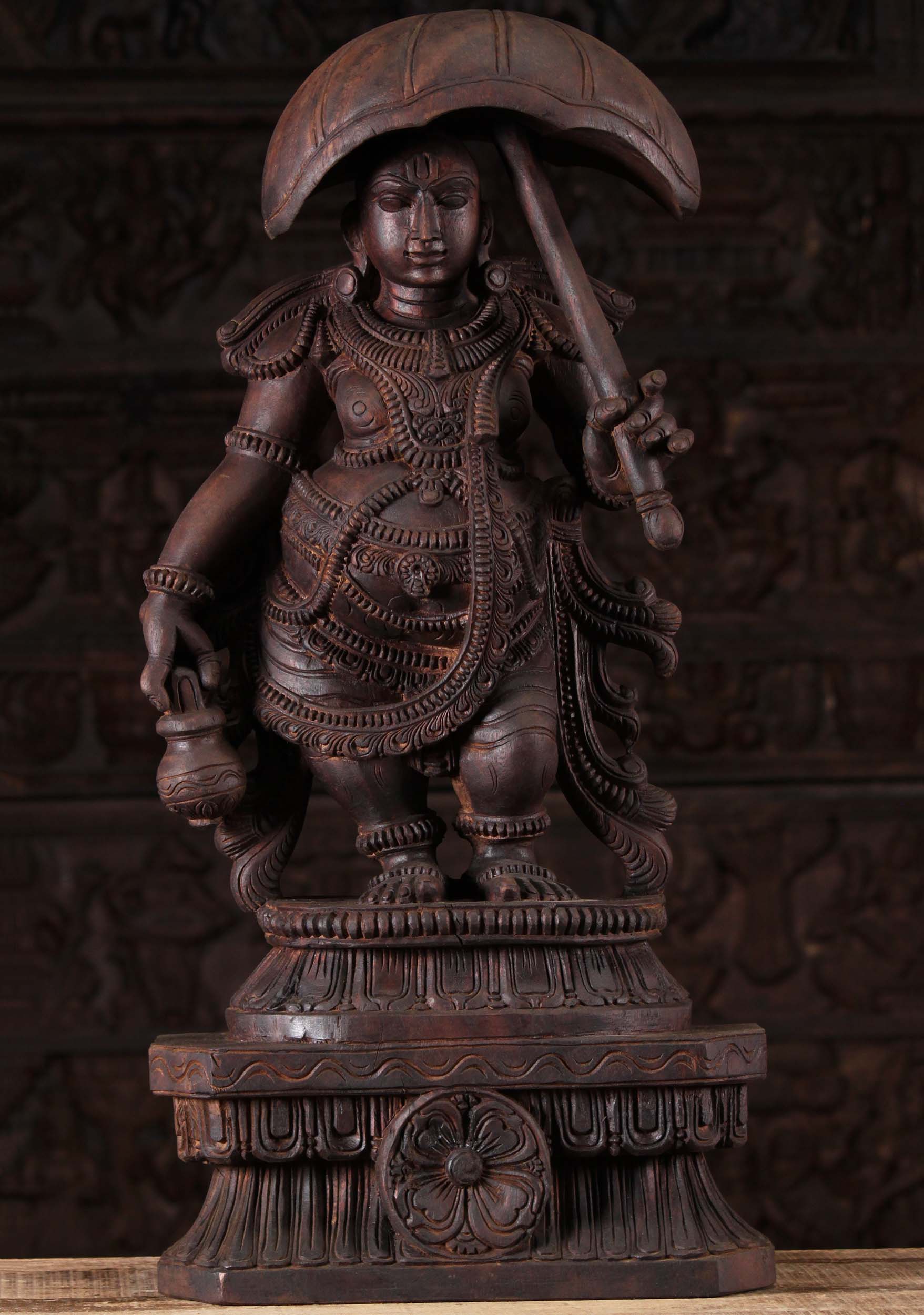 Wood Vamana Statue Holding Umbrella & Pot 30"