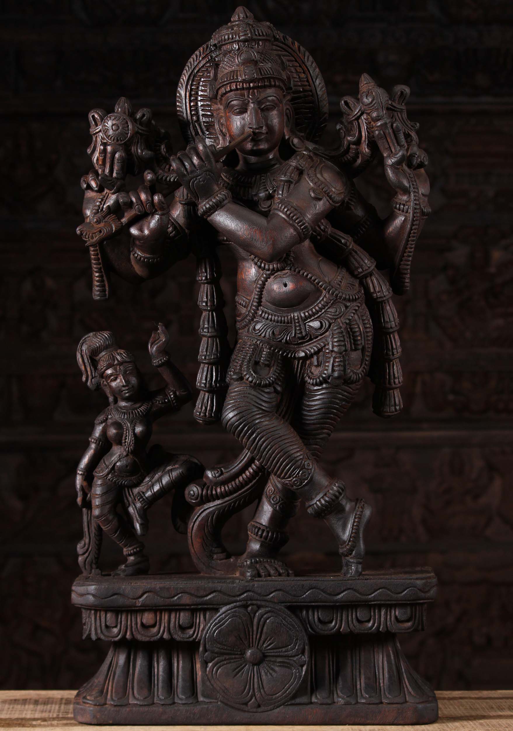 Wood Venugopal Statue with Dancing Gopi 30"