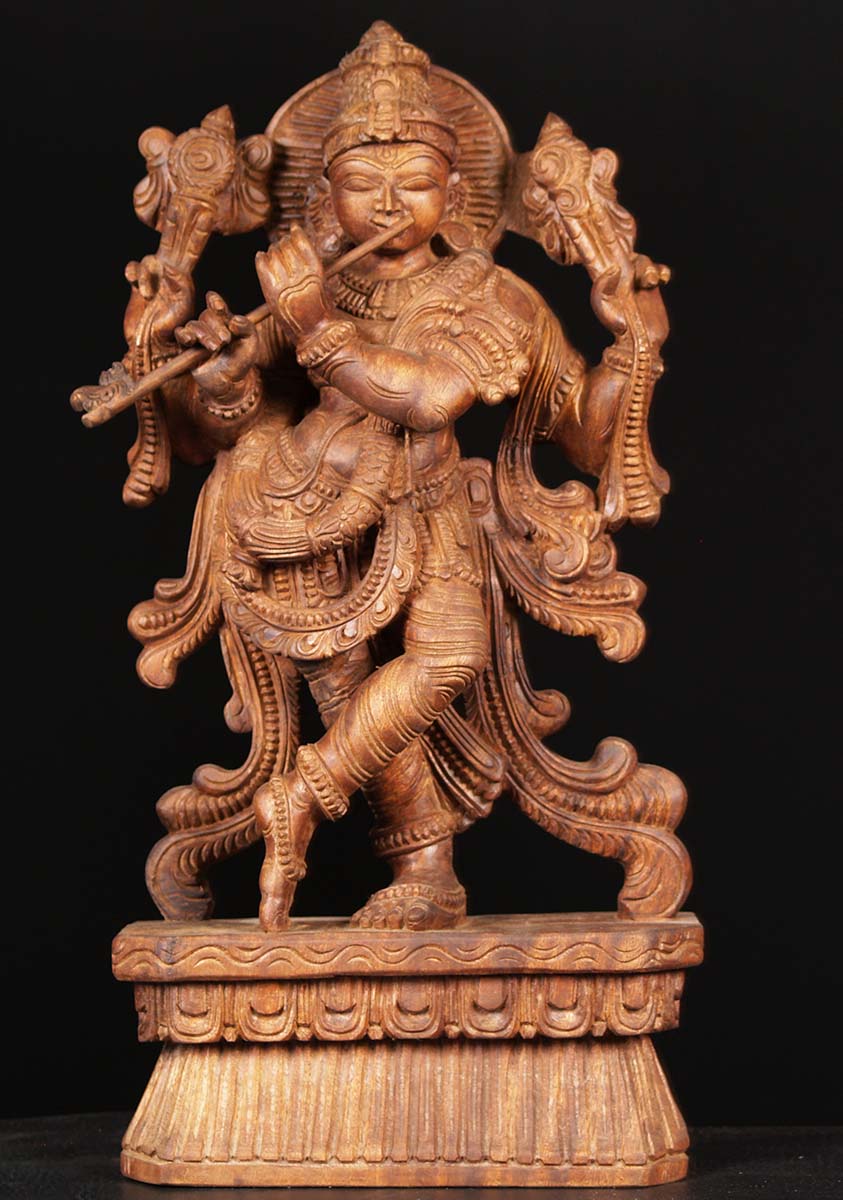 Wood Venugopal Statue Playing the Flute 24"