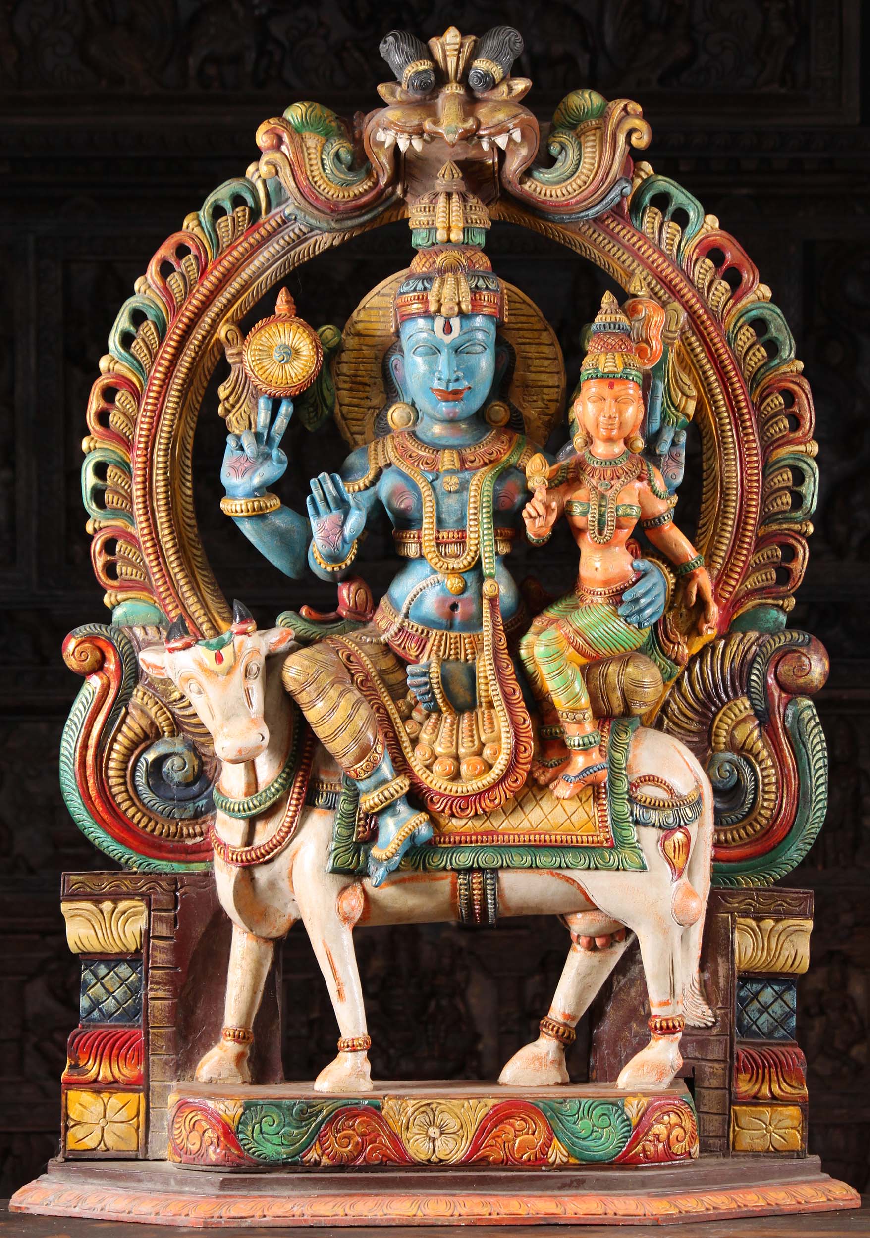 Wooden Vishnu & Lakshmi Statue Seated on Cow 48"