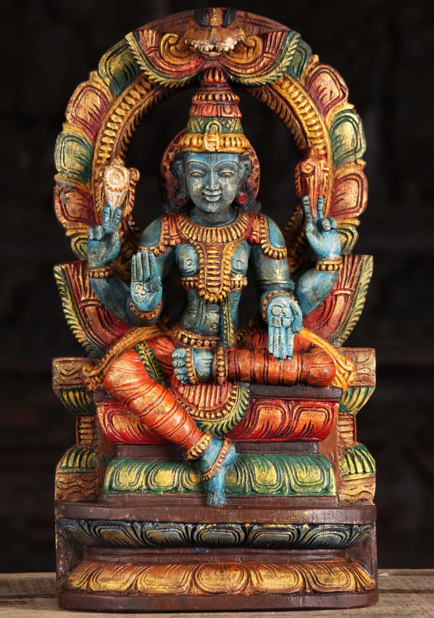 Wood Blue Vishnu Seated Beneath Arch 18"