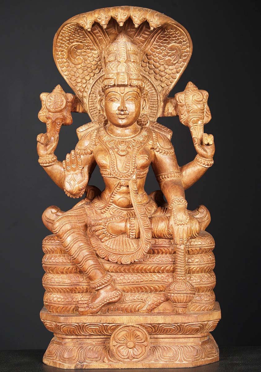 Wood Vishnu Seated on Ananta Sesha 24"