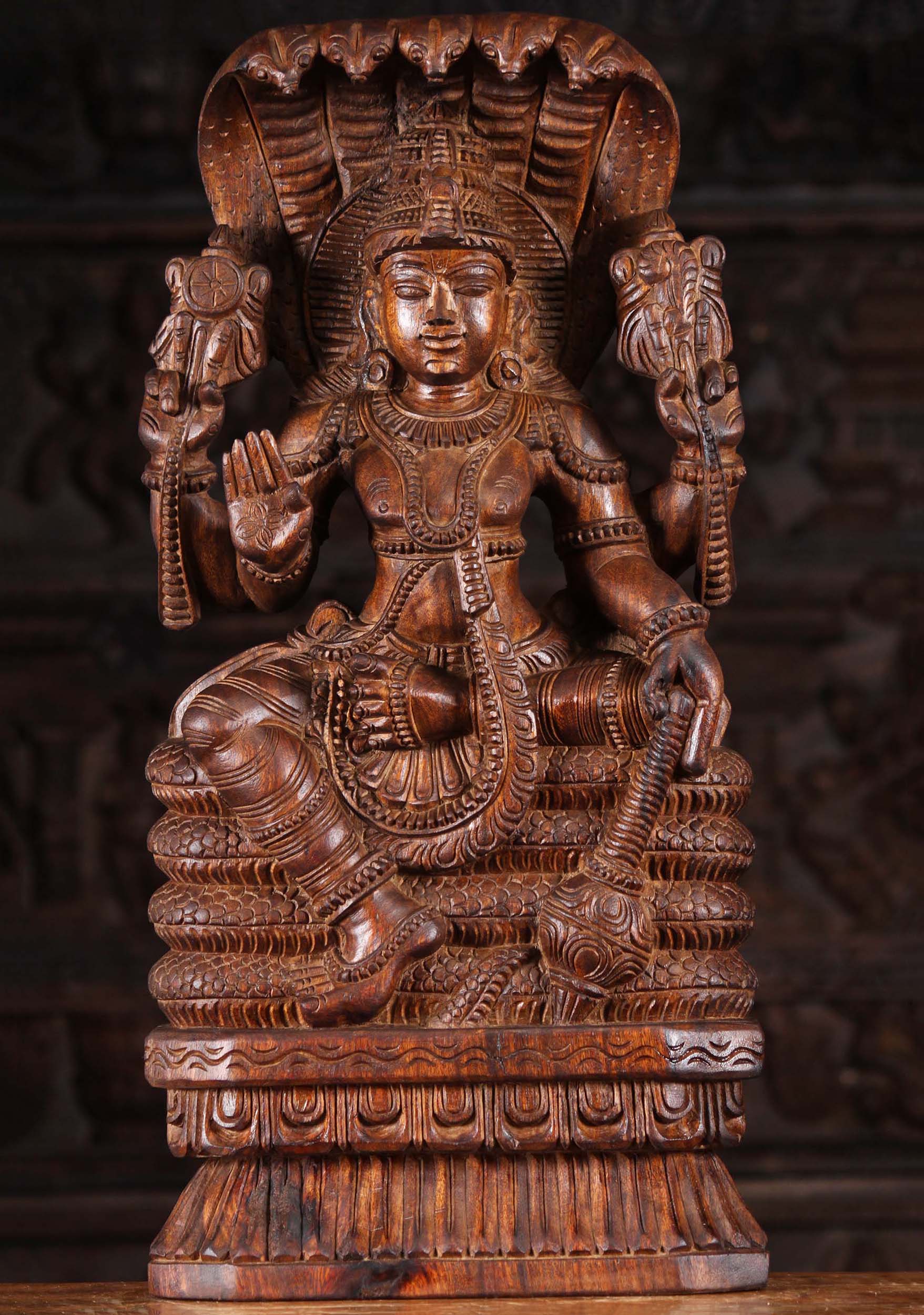 Wood Vishnu Seated on Ananta Shesha 24"