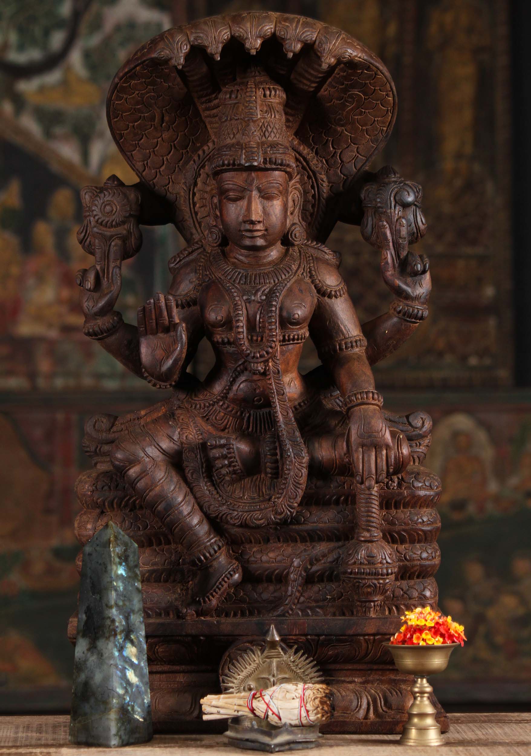 Wood Abhaya Vishnu Sitting on Ananta Shesha 24"