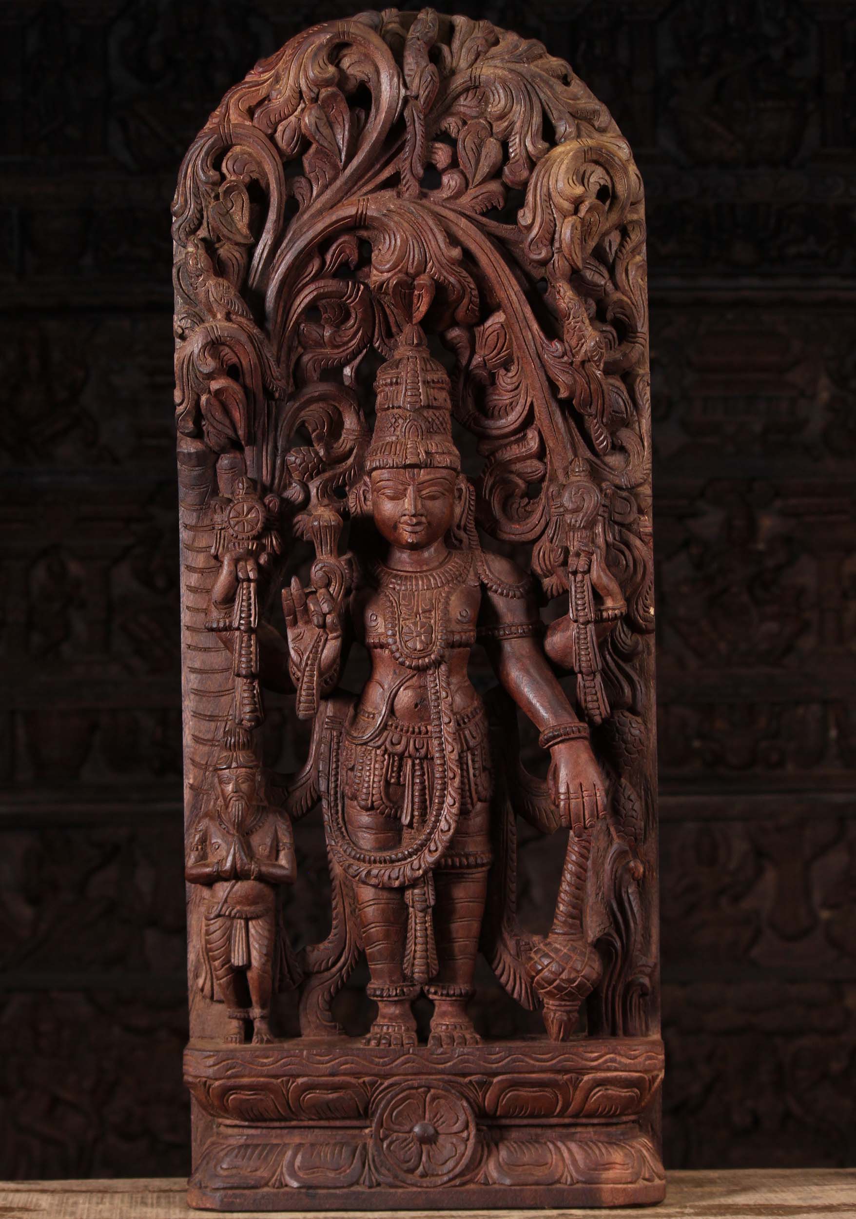 Wood Vishnu Under Canopy with Rishi 36"