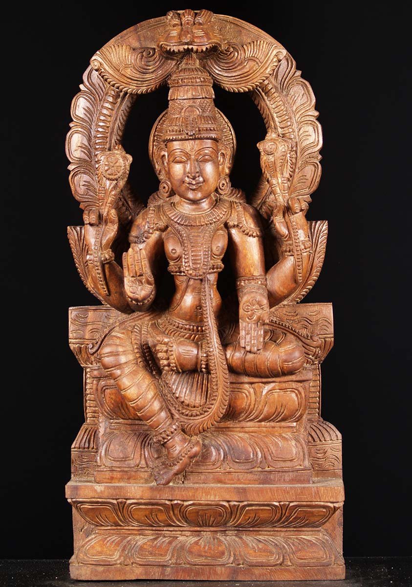 Wood Seated Vishnu Statue with Arch 24"