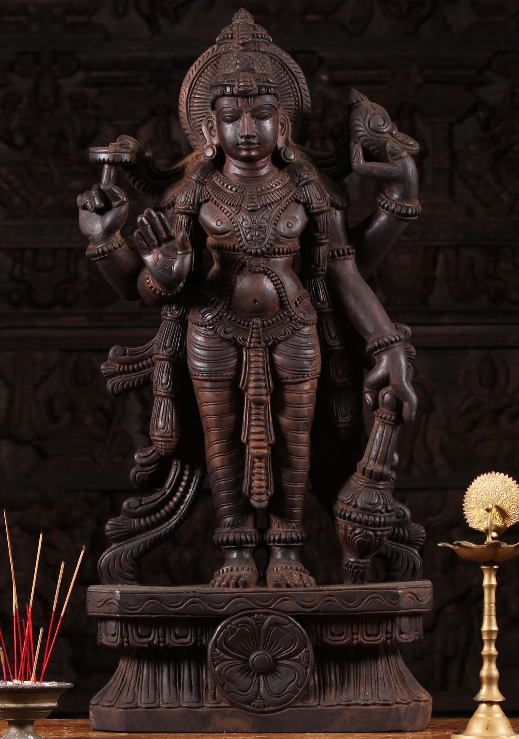 Wood Vishnu Holding Conch, Discus & Club 30"