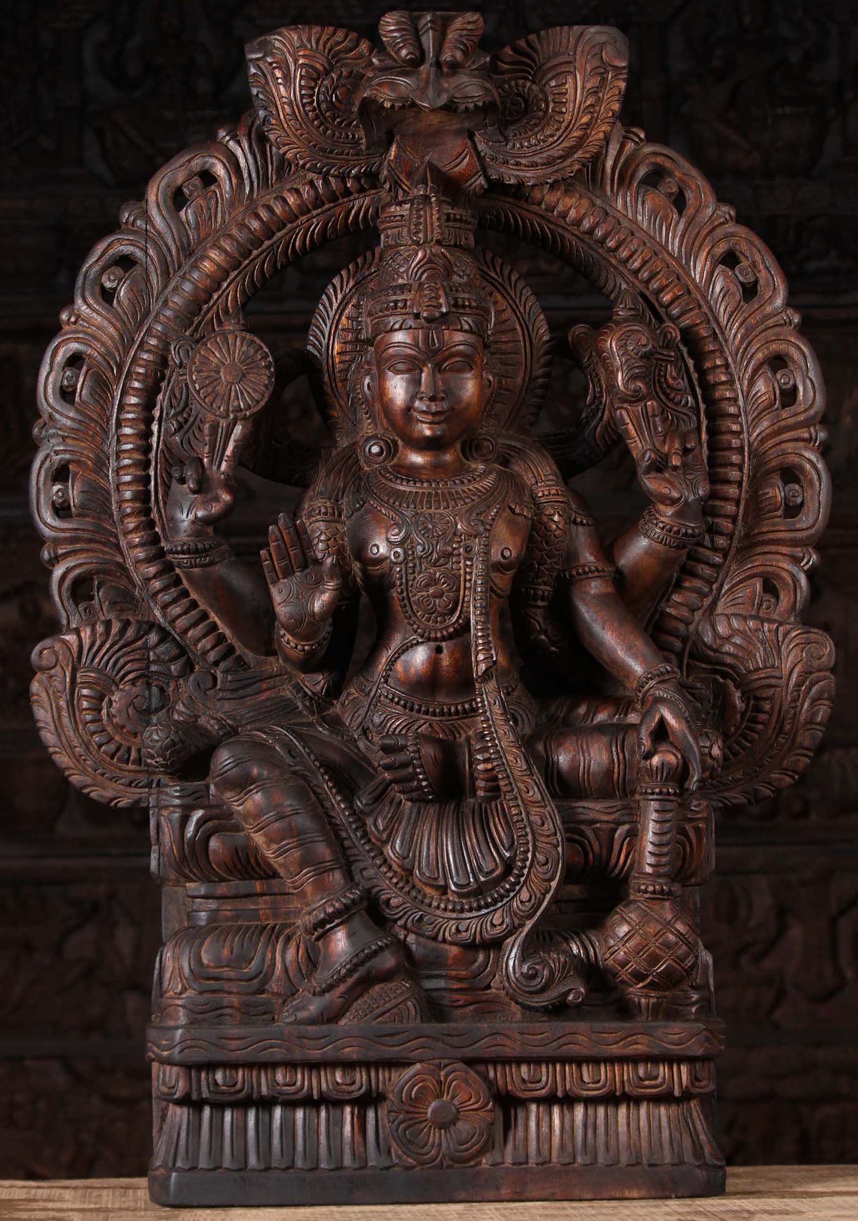 Wood Seated Vishnu with Club Beneath Arch 36"