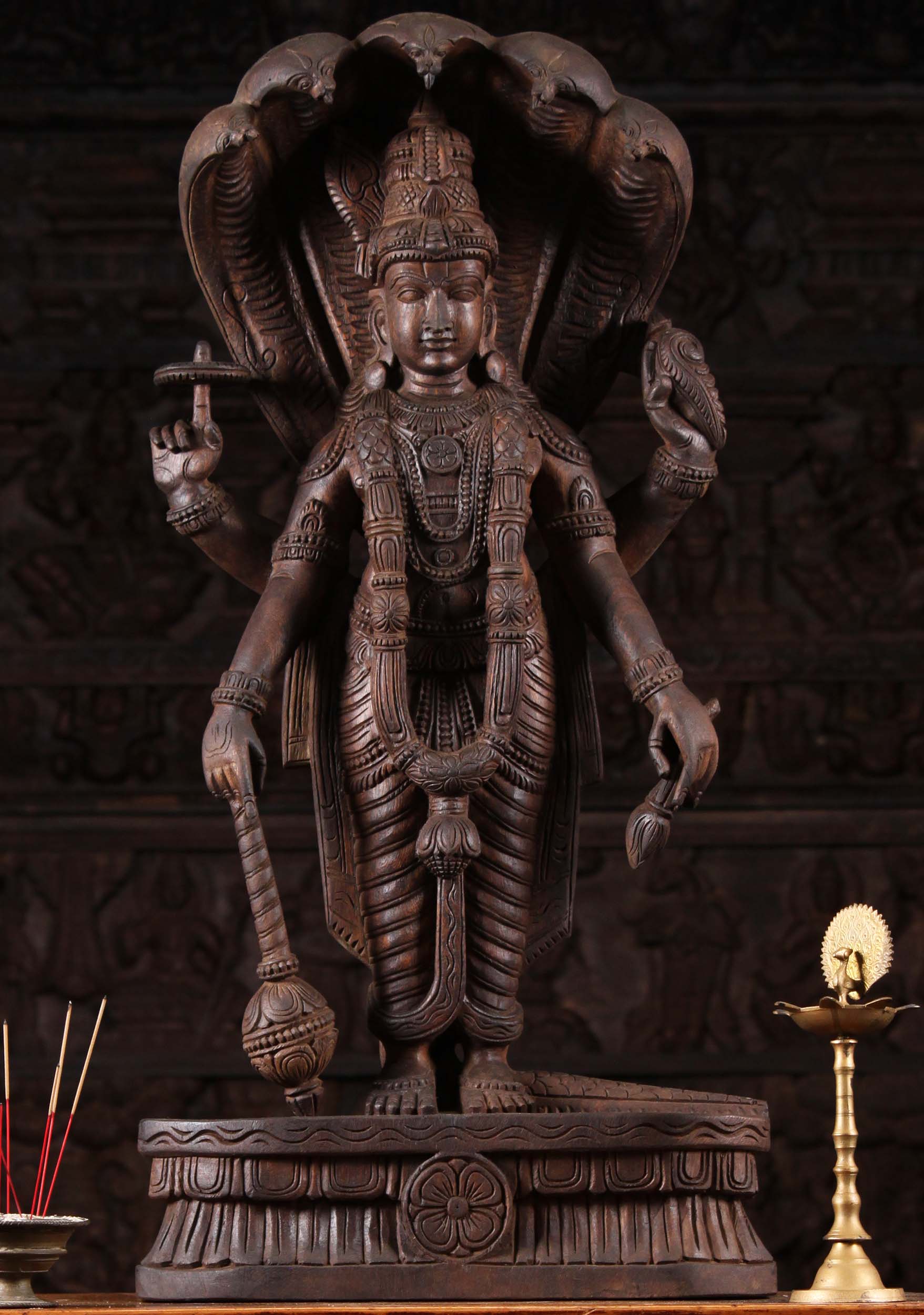 Wood Standing Vishnu with Shesha & Club 36"