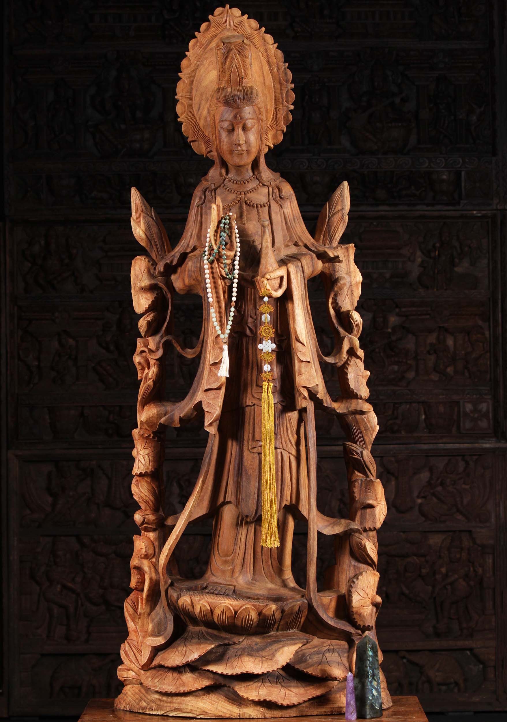 Wood Kwan Yin Standing on Lilly Pads Statue 60"