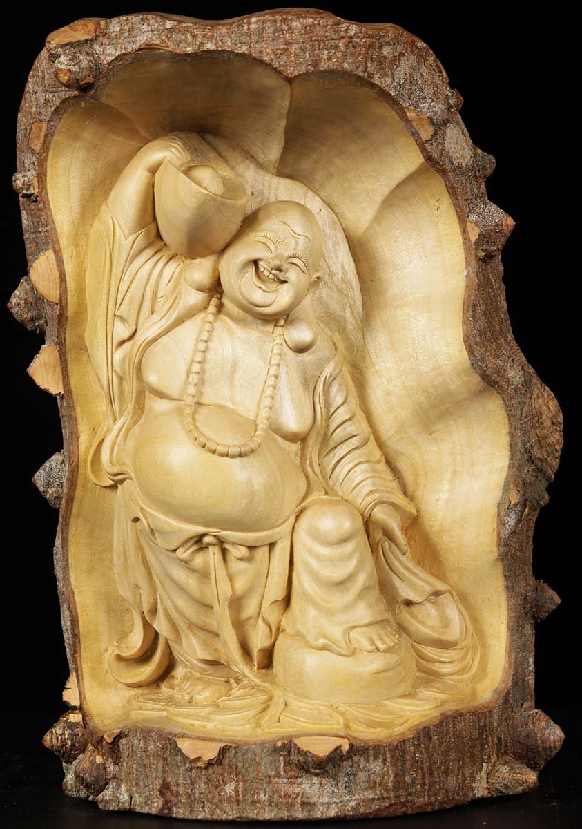 Wooden Fat Buddha Carrying a Sack of Gold 11"