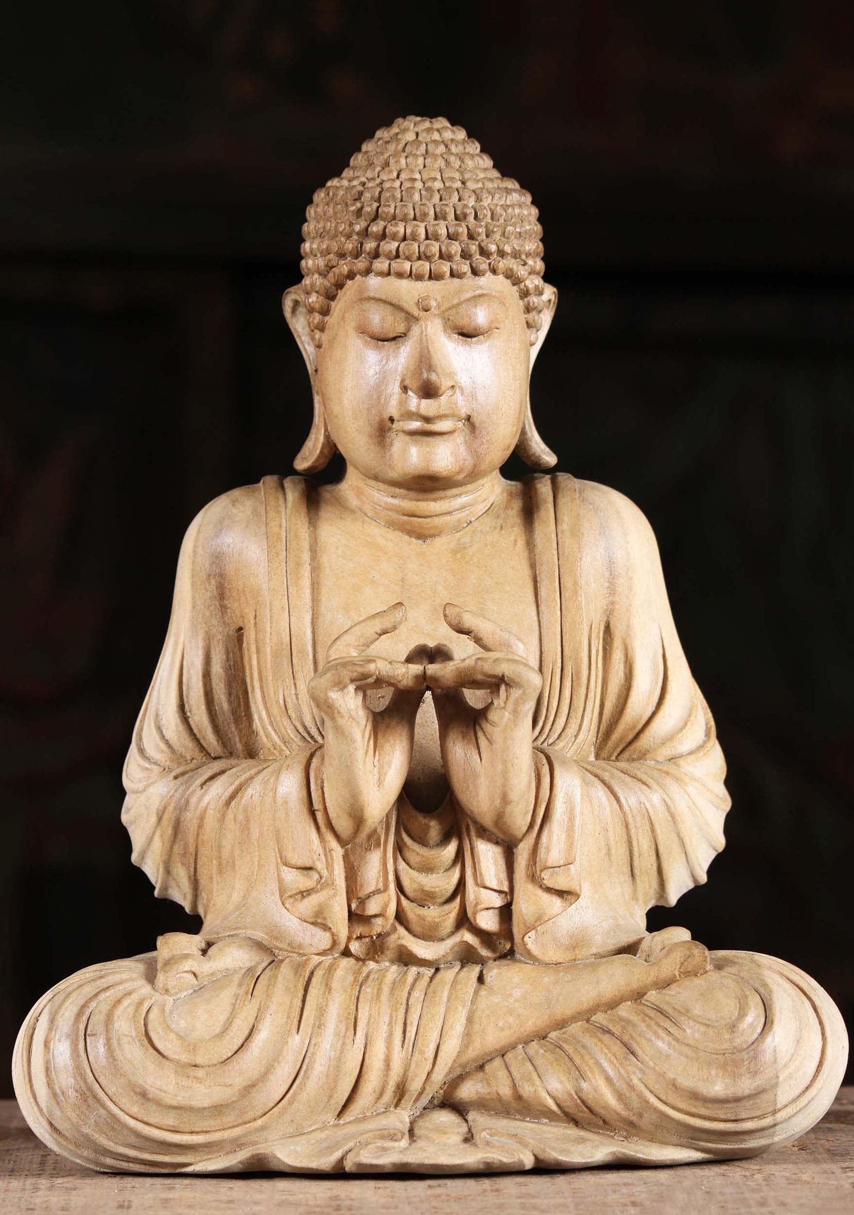 Wooden Buddha Meditating Hands In Heart Shape Sculpture 10"